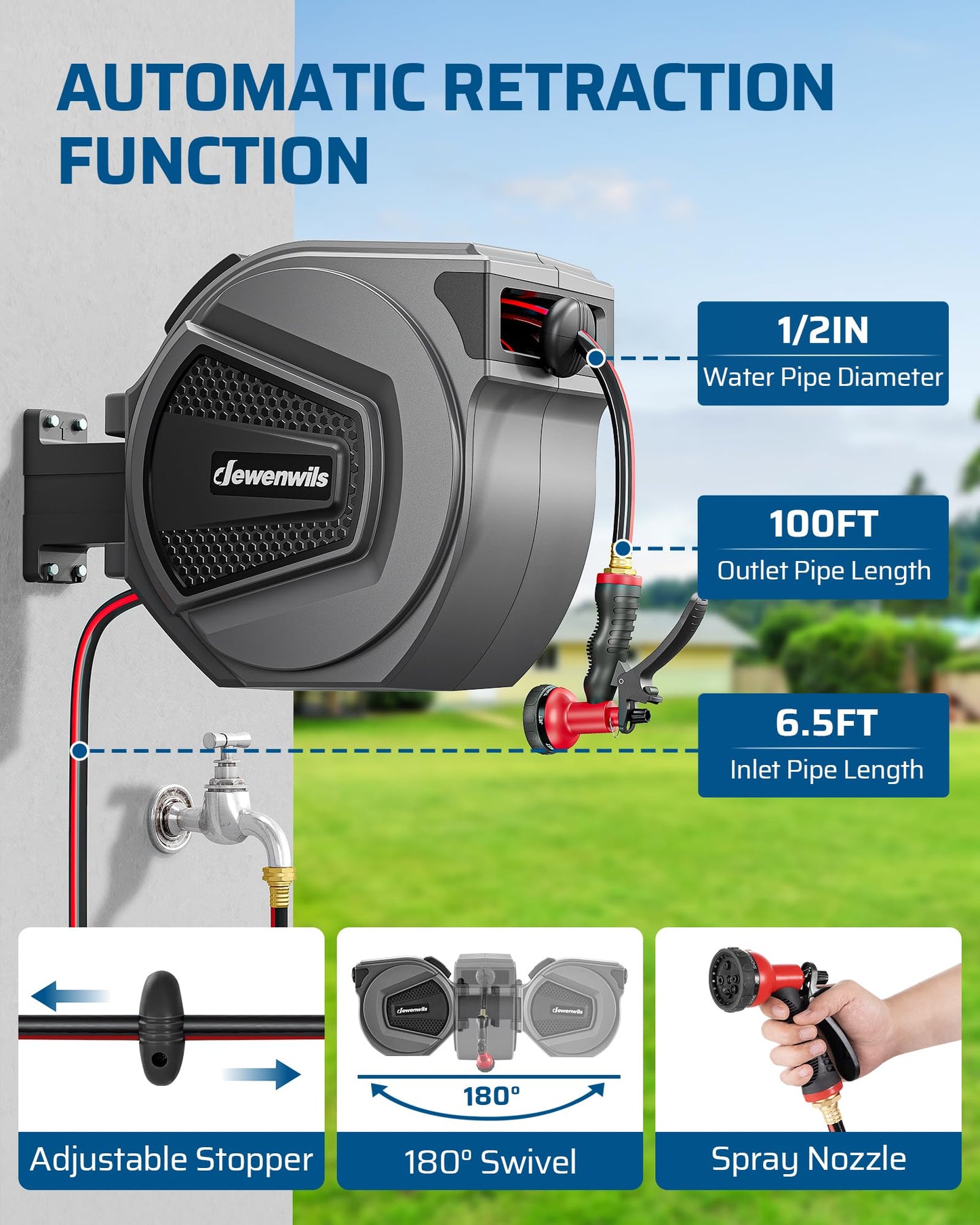 DEWENWILS Retractable Garden Hose Reel, 1/2" Wall Mount Hose Reel, 8-Pattern Nozzles, Any Length Lock, 180° Swivel Bracket, Weatherproof Water Hose Reel for Outdoor Watering, Dark Gray + Black (100FT)