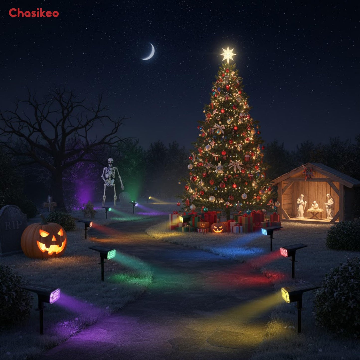 Chasikeo Solar Lights Outdoor Waterproof, 3 Lighting Modes Solar Spot Lights Outdoor, LED Solar Spotlights, Ultra Bright Dusk-to-Dawn Uplights for Garden, Landscape, Yard, Pathway, IP65, Auto On/Off