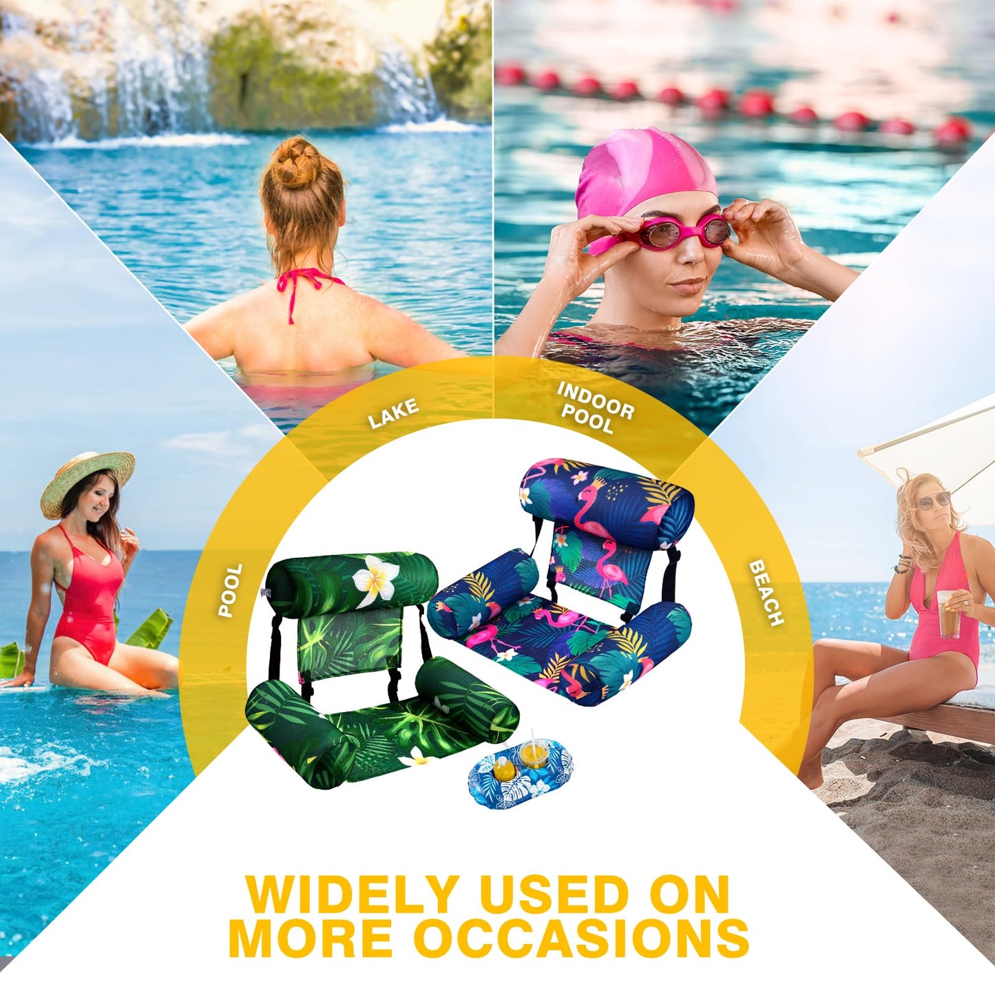 WERNNSAI Inflatable Pool Float for Adult - 2 Pack Fabric Floating Pool Chair Lounge with Cup Holders Adjustable Water Hammock for Swimming Pool Beach Lake Summer Party