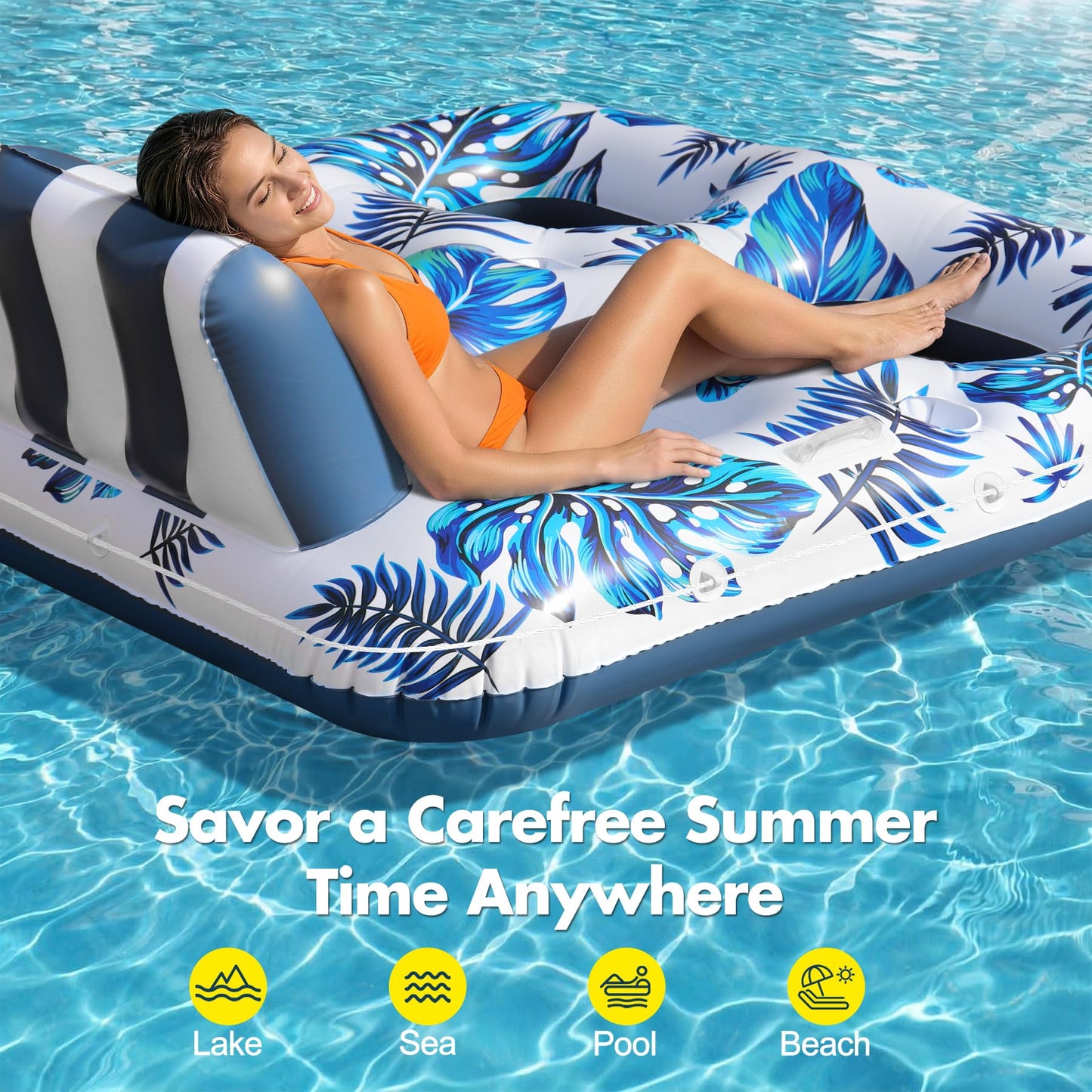 Sinbyuer 2 Person Inflatable Pool Floats Adult, 66x62 Inch Pool Lounger Float with Cup Holders & Backrest, 0.4mm Thickened Pool Float Recliner Pool Rafts, Floating Pool Chair Water Floaties for Adults
