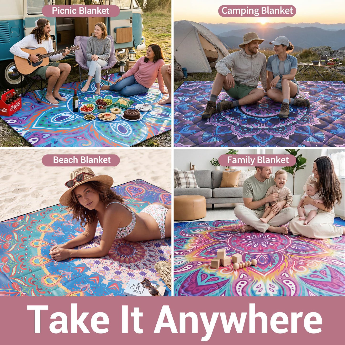 memKiya 60x80" Picnic Blankets Waterproof Outdoor Huge Sand Free Beach Blanket Windproof Soft Patio Concert Ground Mats Backpacking Camping Travel Essentials Summer Outside Hawaii Vacation Stuff Gifts