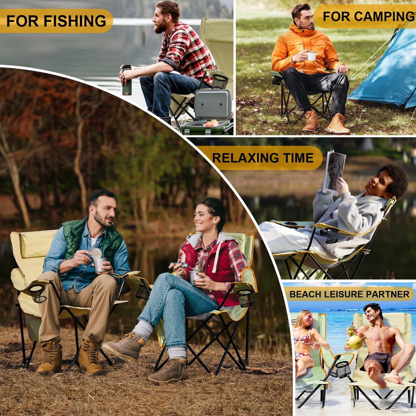 YOUNG WOOD Camping Lounge Chair, Portable Reclining Camping Chair with Foot Rest, Folding Camping Chair for Adults, Headrest & Storage Bag, Mesh Recliner with Backpack, 330lbs Weight Capacity,Green