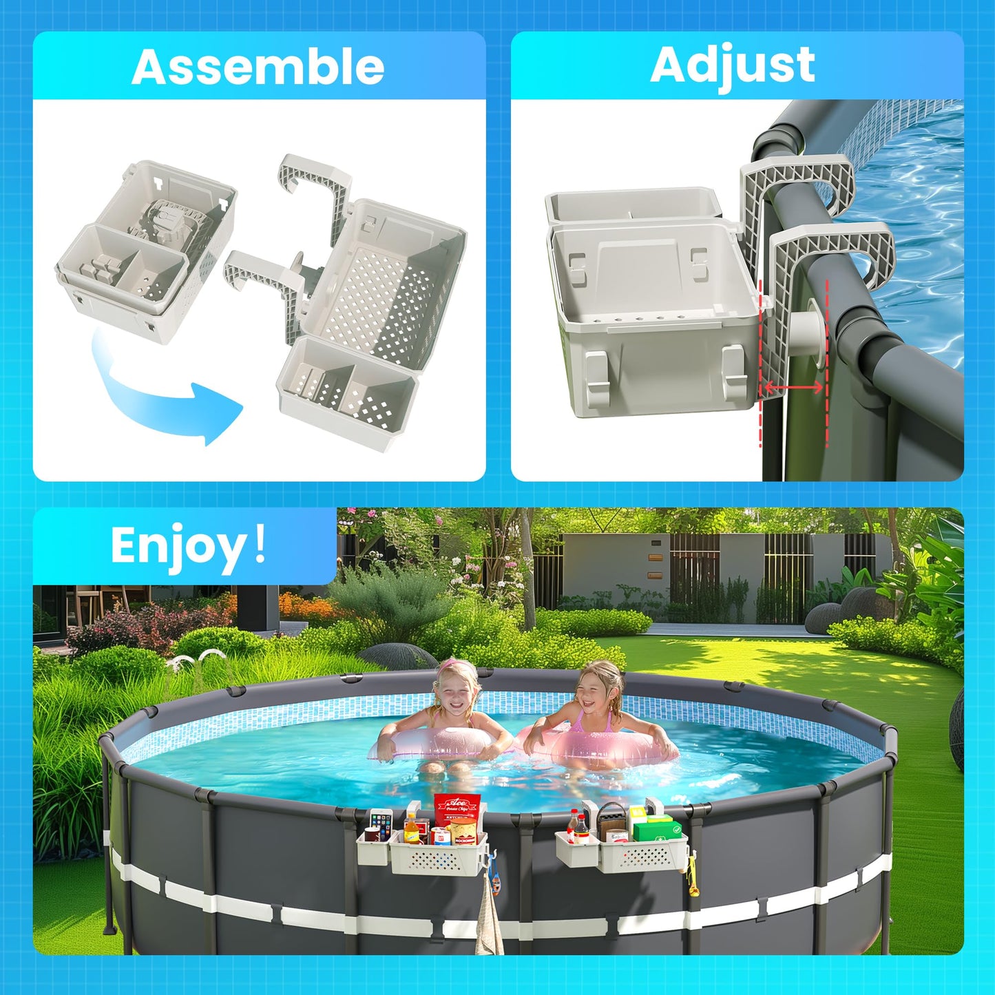 AquaJoyer 2 Sets of Poolside Storage Baskets with Cup Holders - Perfect for 3-Inch or Smaller Top Rails - Above Ground Pool Accessories - Fit for Most Above Ground Pool(Grey)