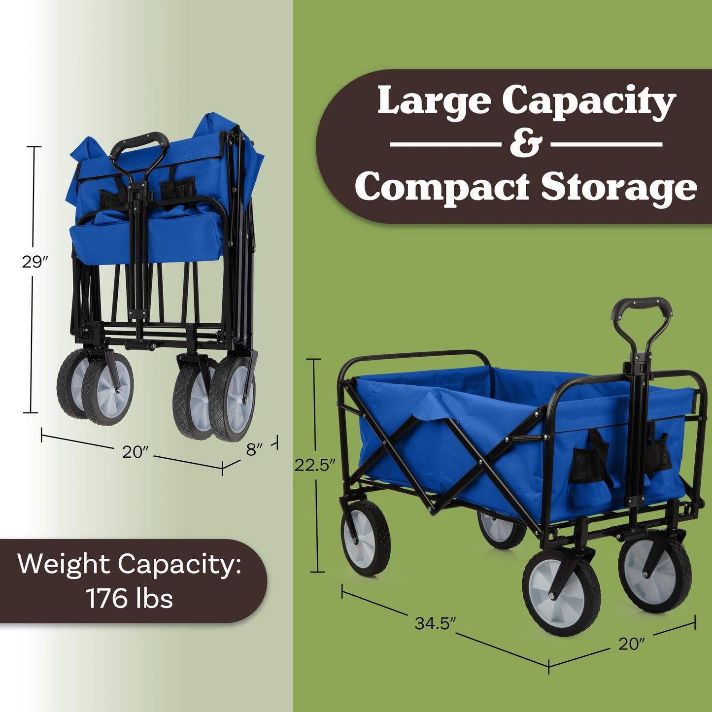 Collapsible Wagon - Grocery Cart on Wheels - Portable Beach Wagon, Folding Garden Trolley or Shopping Cart - Wagons Carts Foldable by Pure Garden (Blue)