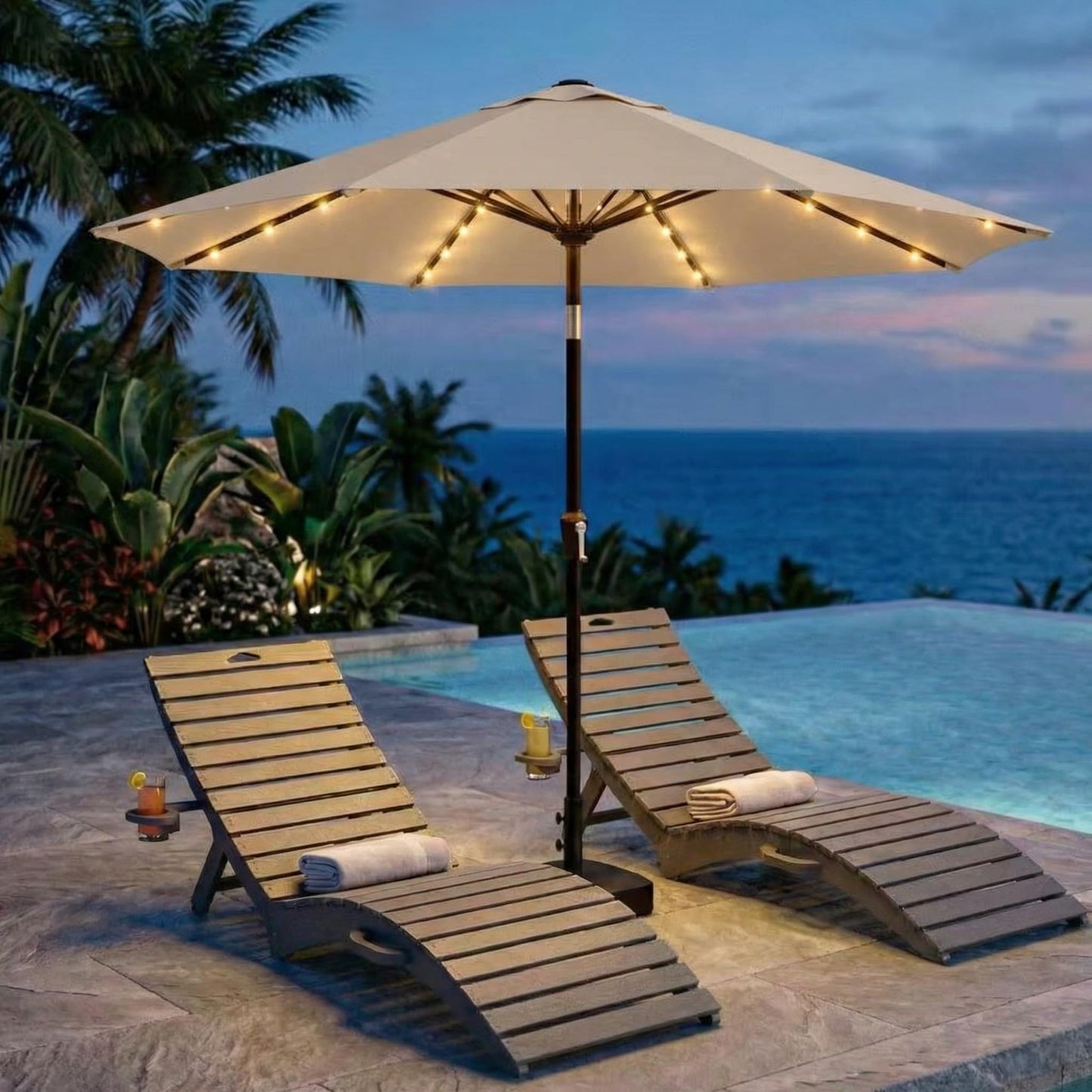 Kingdura 9FT Outdoor Patio Umbrella with Solar Lights, Market Table Umbrella with Push Button Tilt & Crank, 8 Sturdy Ribs, 32 LED Lights, UV Protection for Garden Lawn Deck Backyard Pool (Beige)