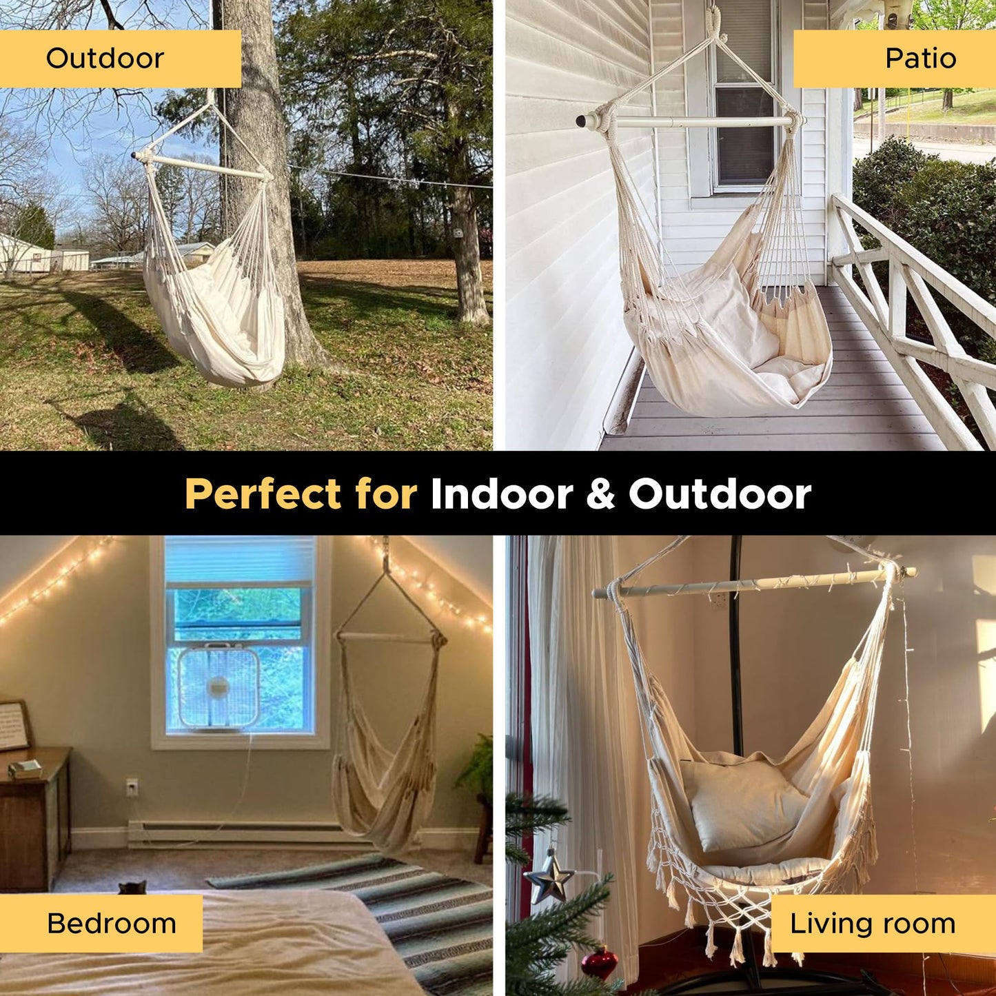 MIZTLI Hammock Chair Swing Indoor Hammock for Bedroom - Max 500 Lbs-Steel Spreader Bar with Anti-Slip Rings-Indoor & Outdoor