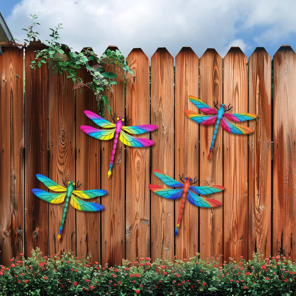 Metal Dragonfly Wall Decor, 4 Pack 13 inch Metal Dragonflies Wall Art Hanging Sculpture Decorations for Outdoor, Yard Patio Fence Garden Outside Decor