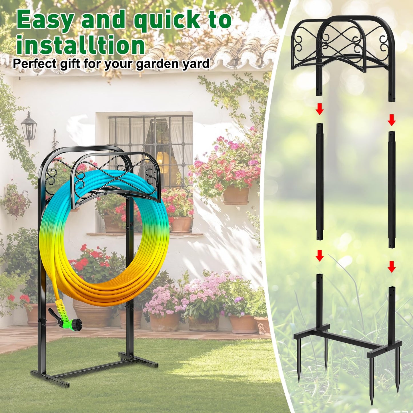 Gtongoko Garden Hose Holder for Outside 43 In With 4 Prongs Base Detachable Metal Water Hose Holder Freestanding Heavy Duty Organizer Holds 150FT Stand Hanger for Outdoor Yard Black