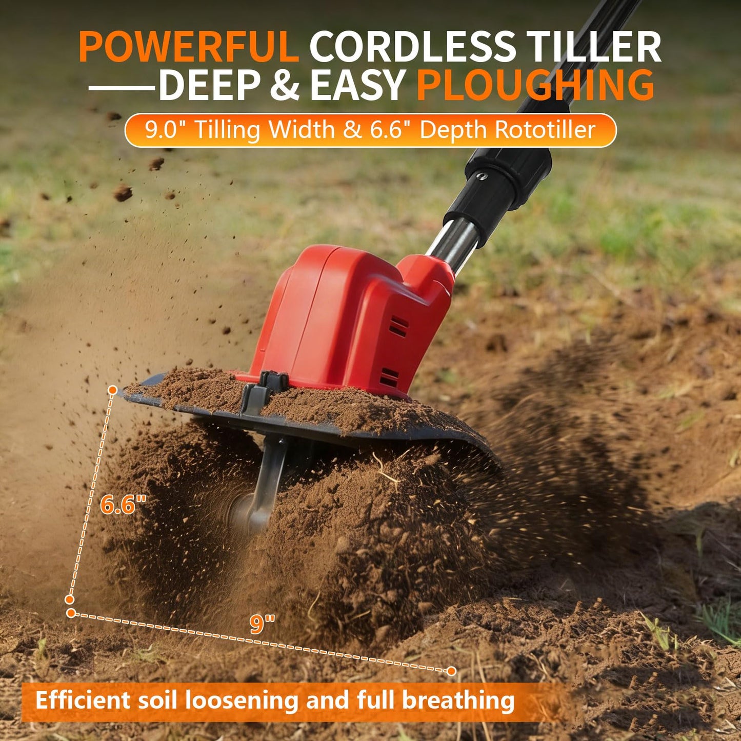 Cordless Electric Tiller for Gardening, Garden Tiller, Cordless Cultivator, Rototiller, 800W Brushless Motor w/ 2X 6.0Ah Batteries, 9" Tilling Width & 6.6" Depth, 360 RPM, 4 Steel Blades, Hand Tiller