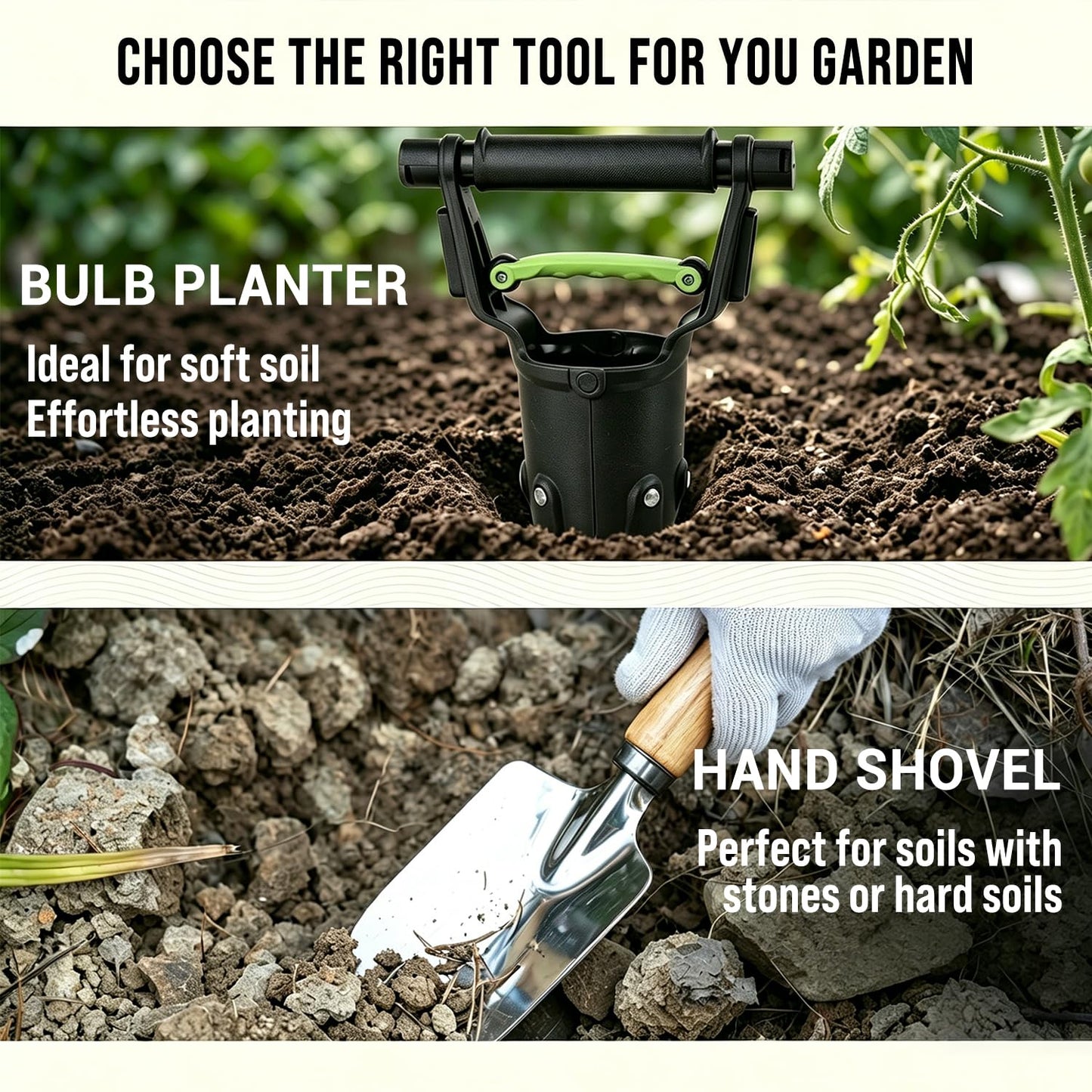 H HUGELEAF Garden Bulb Planter Tool 1-5 Inch Depth, Heavy Duty Galvanized Steel with Serrated Edge & Comfort Grip Handle for Planting Tulip Daffodil Dahlia Onion