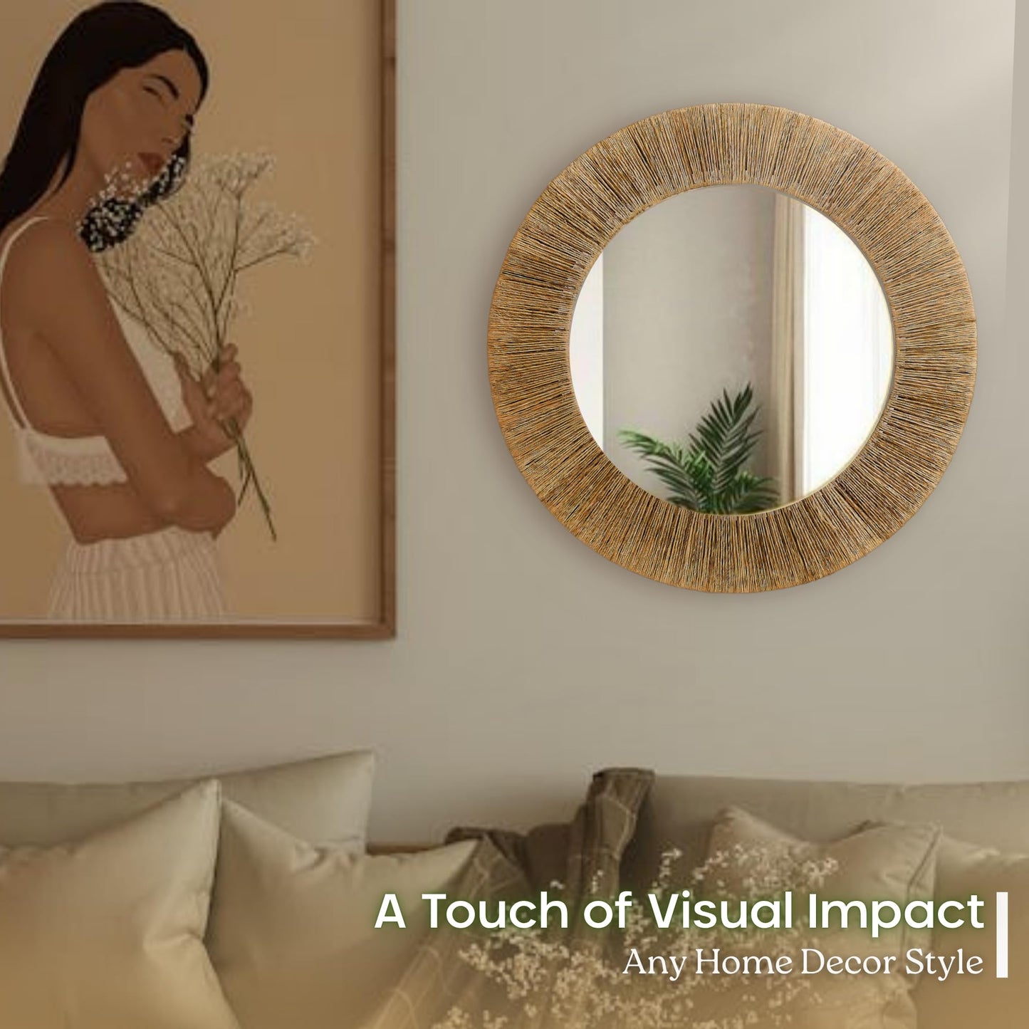 Chi An Home 24 Inch Natural Jute Mirror, Wall Mounted Round Mirror with Metal Frame, Wall Decor Rustic Farmhouse Boho Decor Accent for Bathroom, Bedroom, Living Room, or Entryway