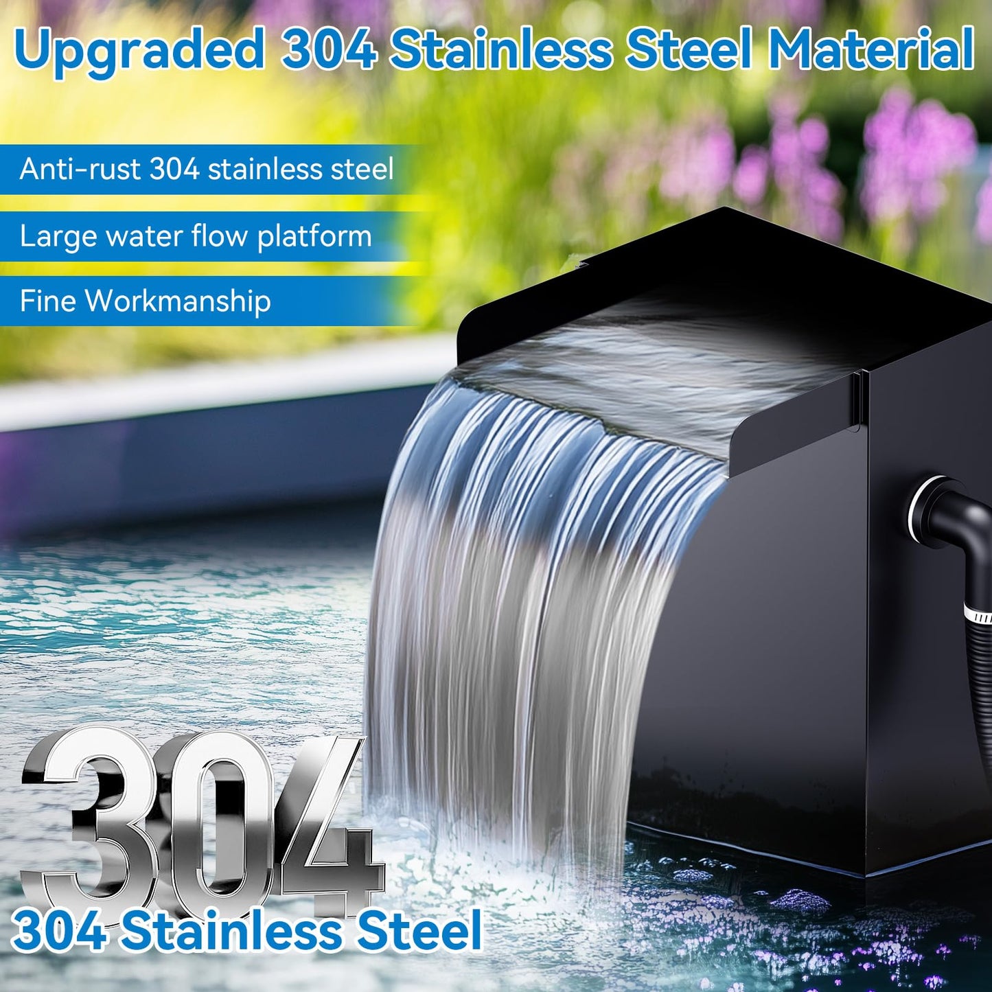 POPOSOAP Pond Waterfall Spillway with Pump Kit, 304 Stainless Steel Pond Pond Waterfall Box with 9.8FT Corrugated, Pond Spillway Tubing with 40W 660GPH Pump for Waterfall System Garden Decor