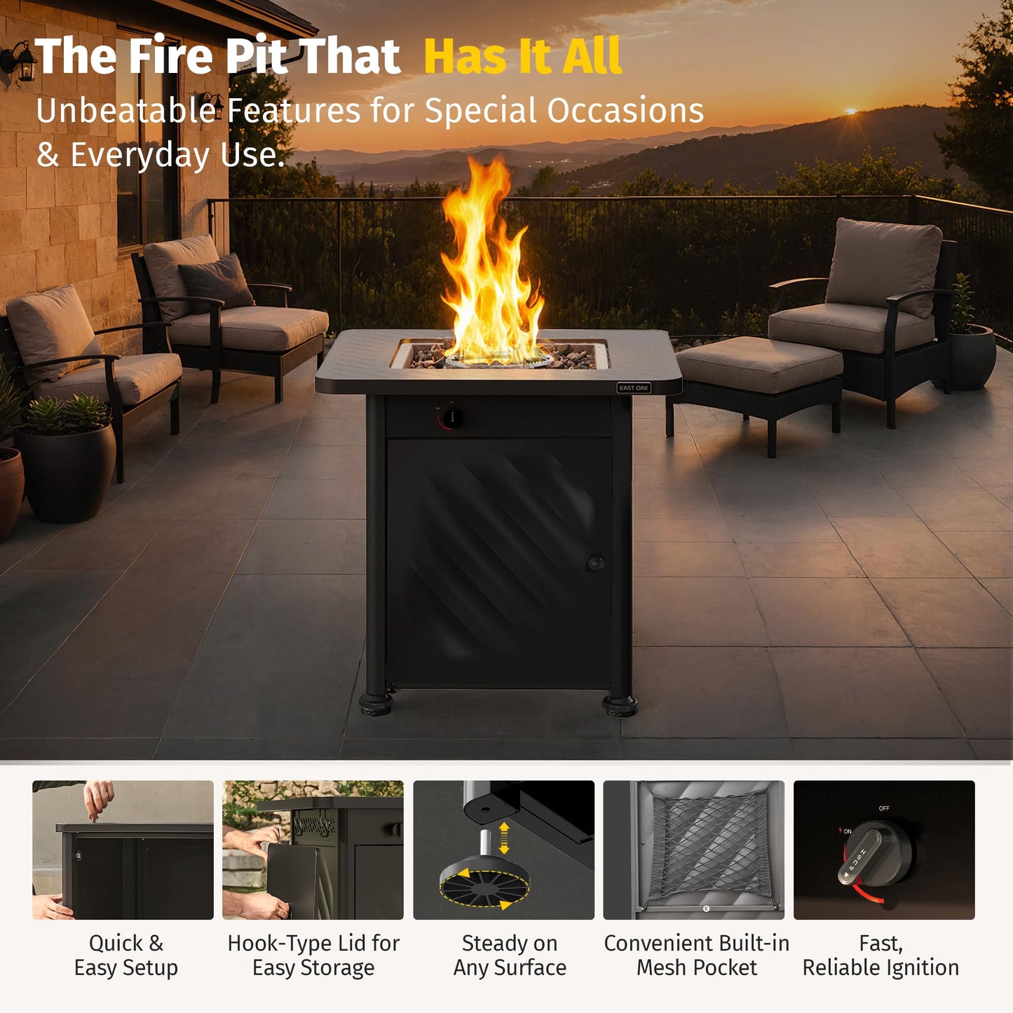 East Oak 28â Outdoor Propane Fire Pit Table | 52,000 BTU Gas Fire Pit for Outside with Easy-Hook Lid, Mesh Pocket & Lava Rocks | CSA Certified | Ideal for Patio, Garden & Backyard | Black
