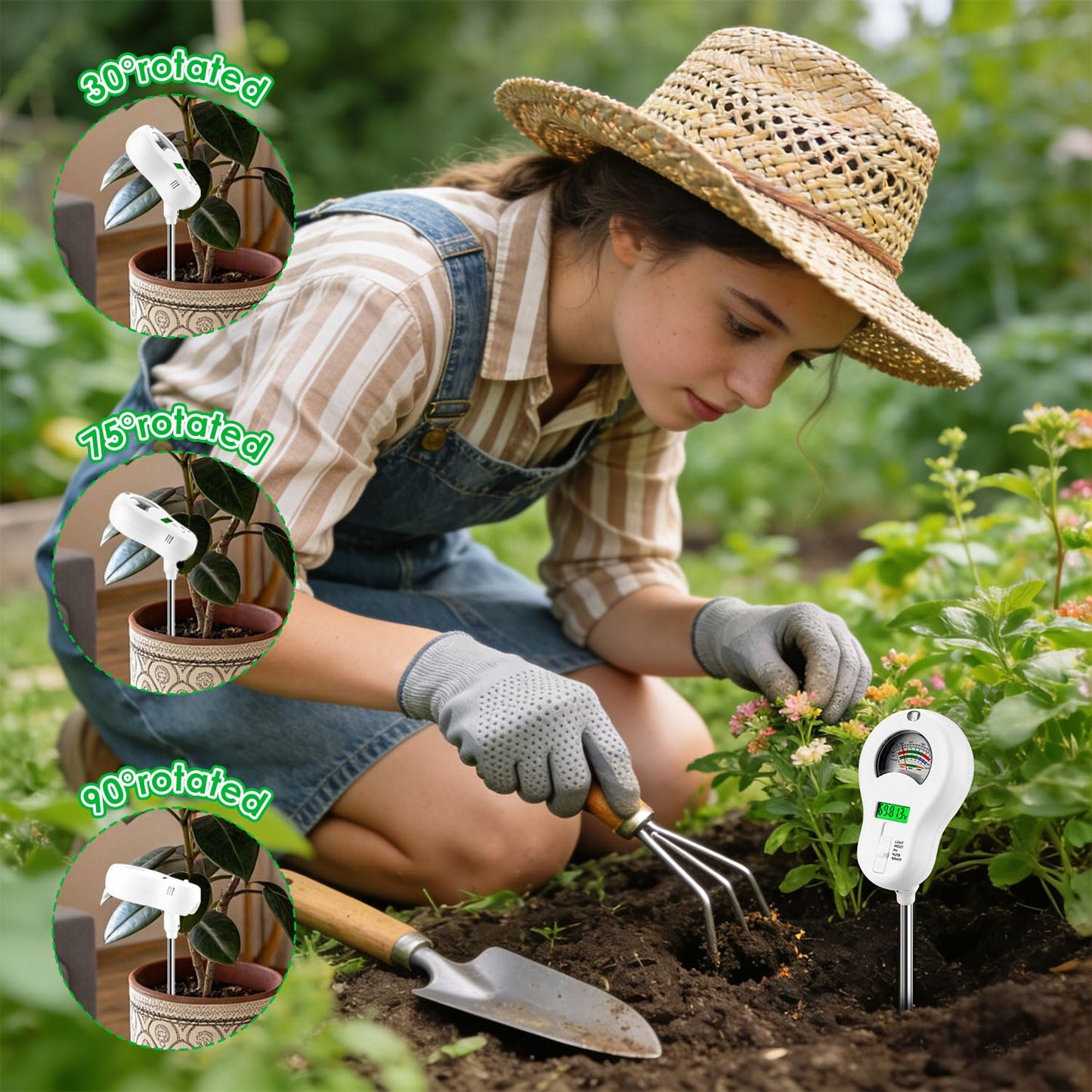 peccera 6-in-1 Soil Test Kit with 3 Replaceable Probes, Soil Tester for Gardening, Plant Water Meter, Soil pH Tester for Soil Fertilizer, Sunlight & LCD Display Air Temperature Humidity Sensor