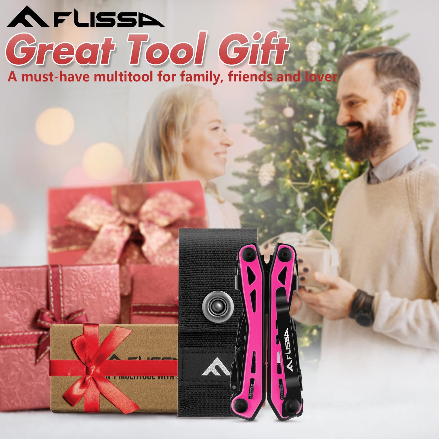 FLISSA 16-in-1 Pink Multi Tool Pliers, Gifts for Mom Women, Stainless Steel EDC Multitool with Pocket Knife, Belt Clip and Oxford Pouch, for Camping Survival Outdoor Activities