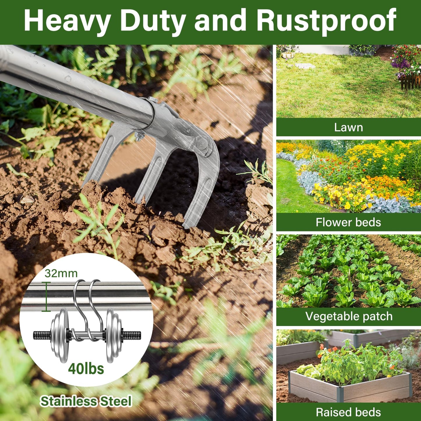 Hand Rake Garden Tool - 57" Long Handle Soil Tiller Cultivator Weeding Rake, 3-Tine Heavy Duty Carbon Steel with D-Grip for Effortless Weeds Digging, Soil Loosening, Planting