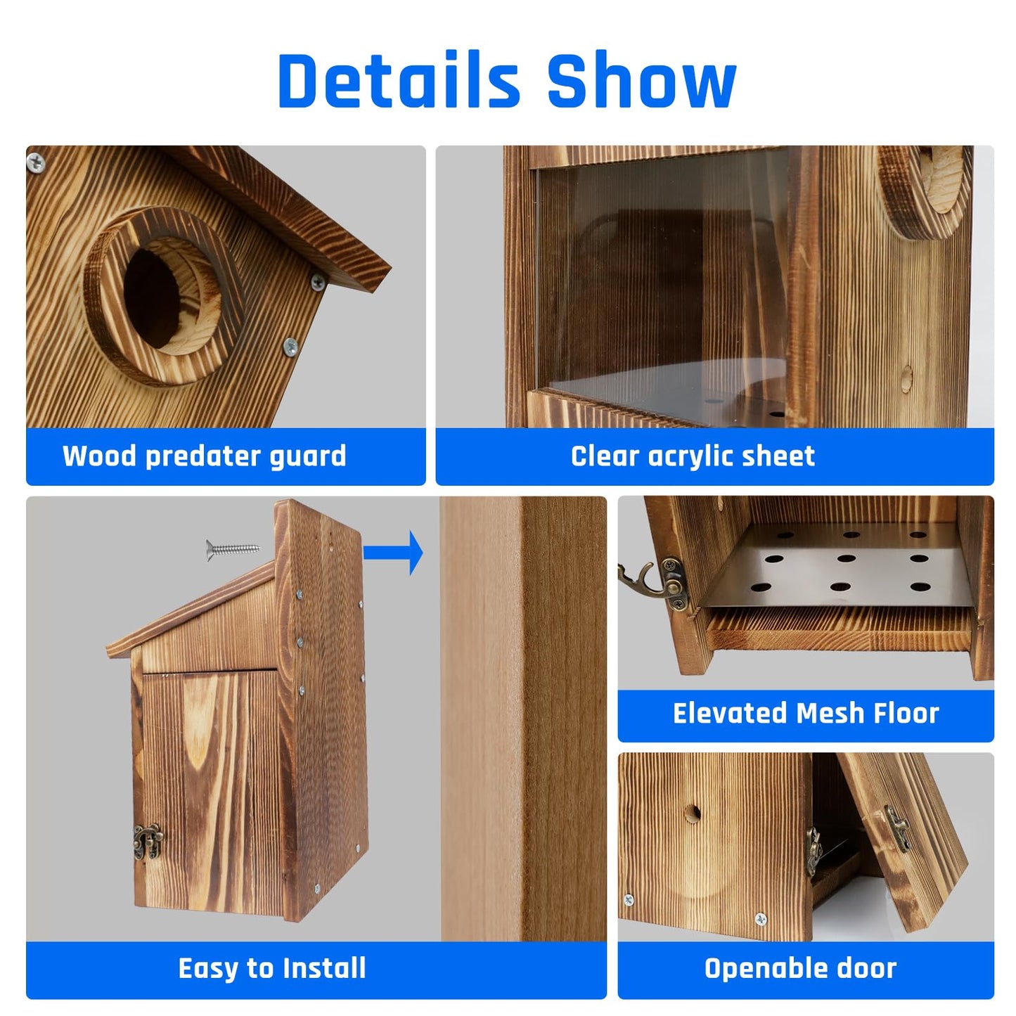 Zxweqr Natural Wood Birdhouse for Outside, Wooden Nesting Box with Circular Entrance Hole and Perch, Blue Bird Houses for Outdoors with Clear View Panel & Predator Guard for Blue Robin, Wren, Swallow