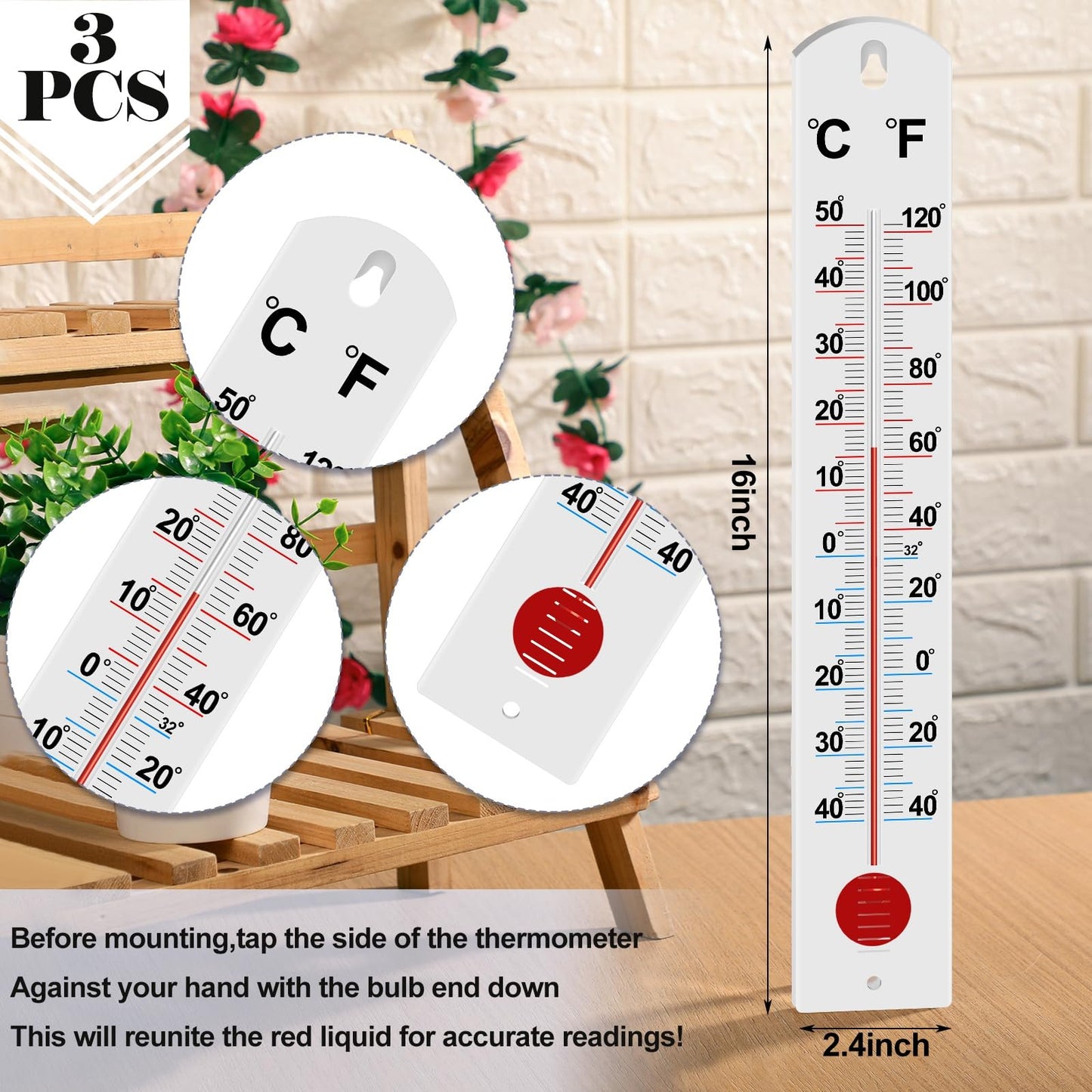 Frienda 3 Pcs Wall Thermometer Indoor Large Outdoor Thermometers for Patio Double Scales Thermometer for Temperature Home Pool Office Warehouse Greenhouse Garden (Fresh, Plastic)