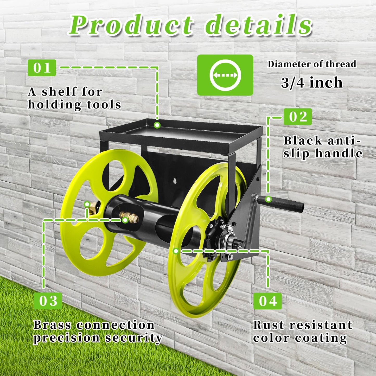 Stainless Steel Garden Hose Reel for 5/8" Hose Reel with Crank Handle Retractable ,Wall Mount Metal Hose Reel 3/4 in Brass Fitting , Holds up to 120-FtHose with Storage Rack (Hose not included)