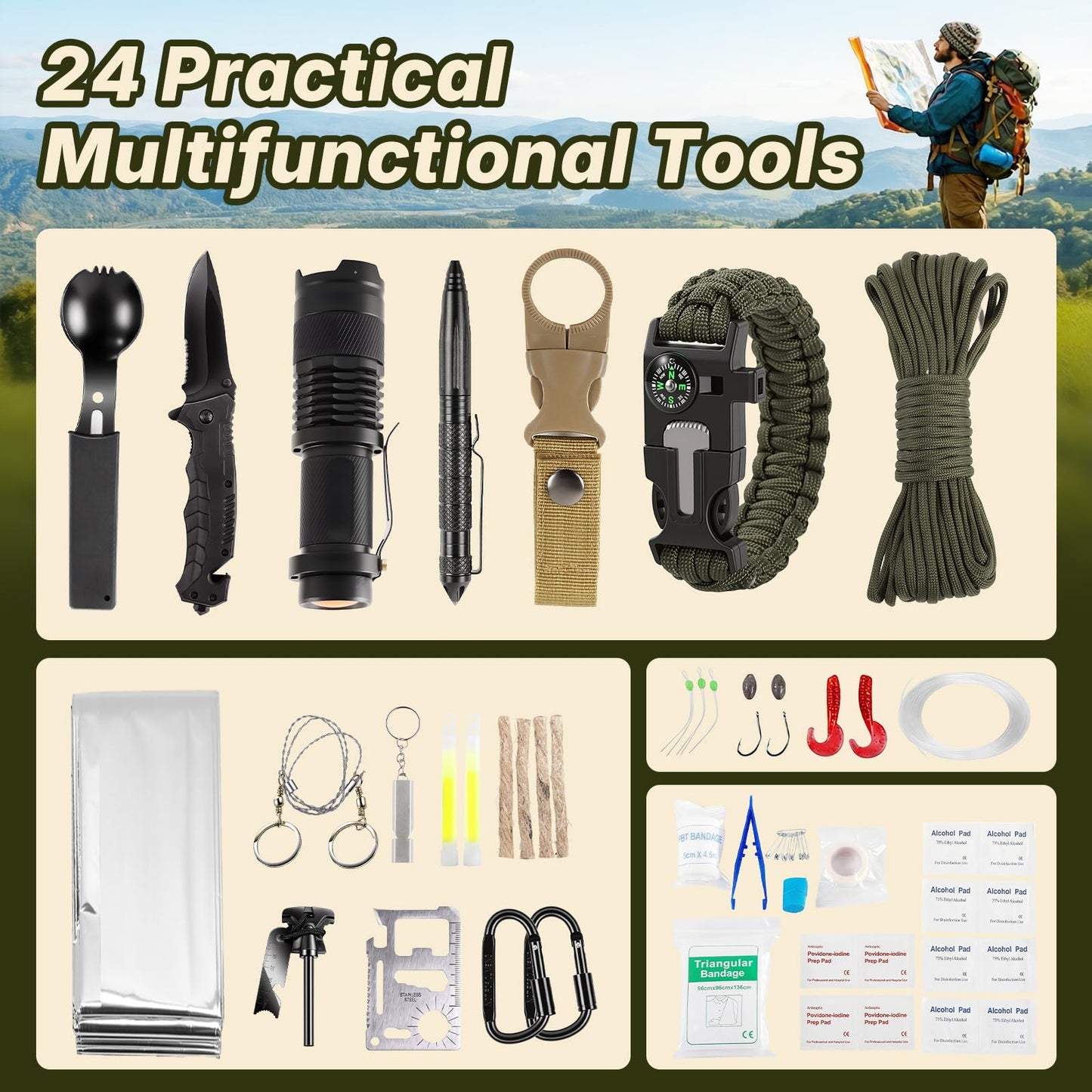Gifts for Him Her Men Husband Dad Valentines Day - Survival Gear and Equipment 24 in 1, Survival Kits - Cool Fishing Hunting Camping Hiking Anniversary Birthday Gift for Man Teen Boy Boyfriend Women