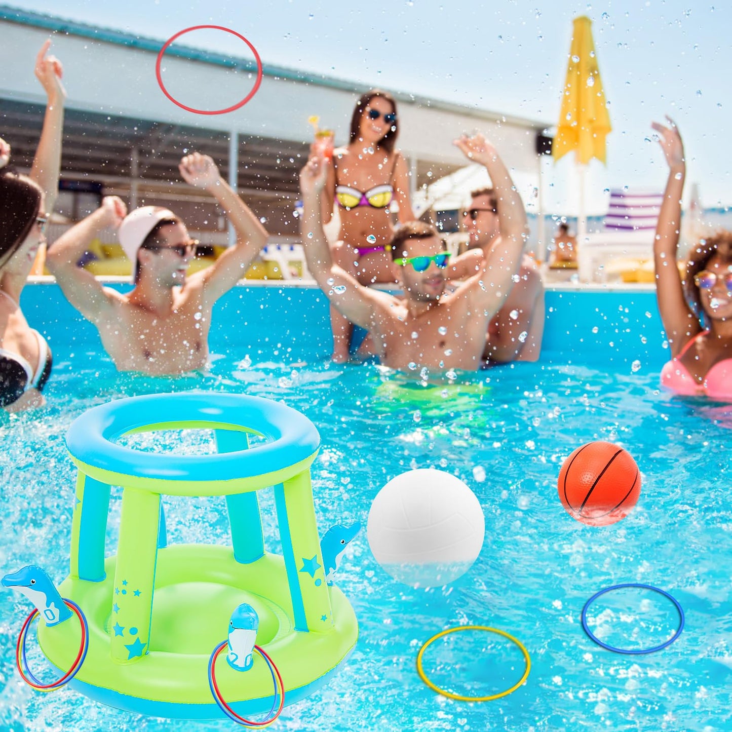 Jasonwell Pool Toys Games Set - 3 in 1 Pool Volleyball Net Basketball Hoop Ring Toss Game Inflatable Floats Water Floating Volleyball Swimming Pools Games Party Gift for Kids Adults (Green&Blue, XL)