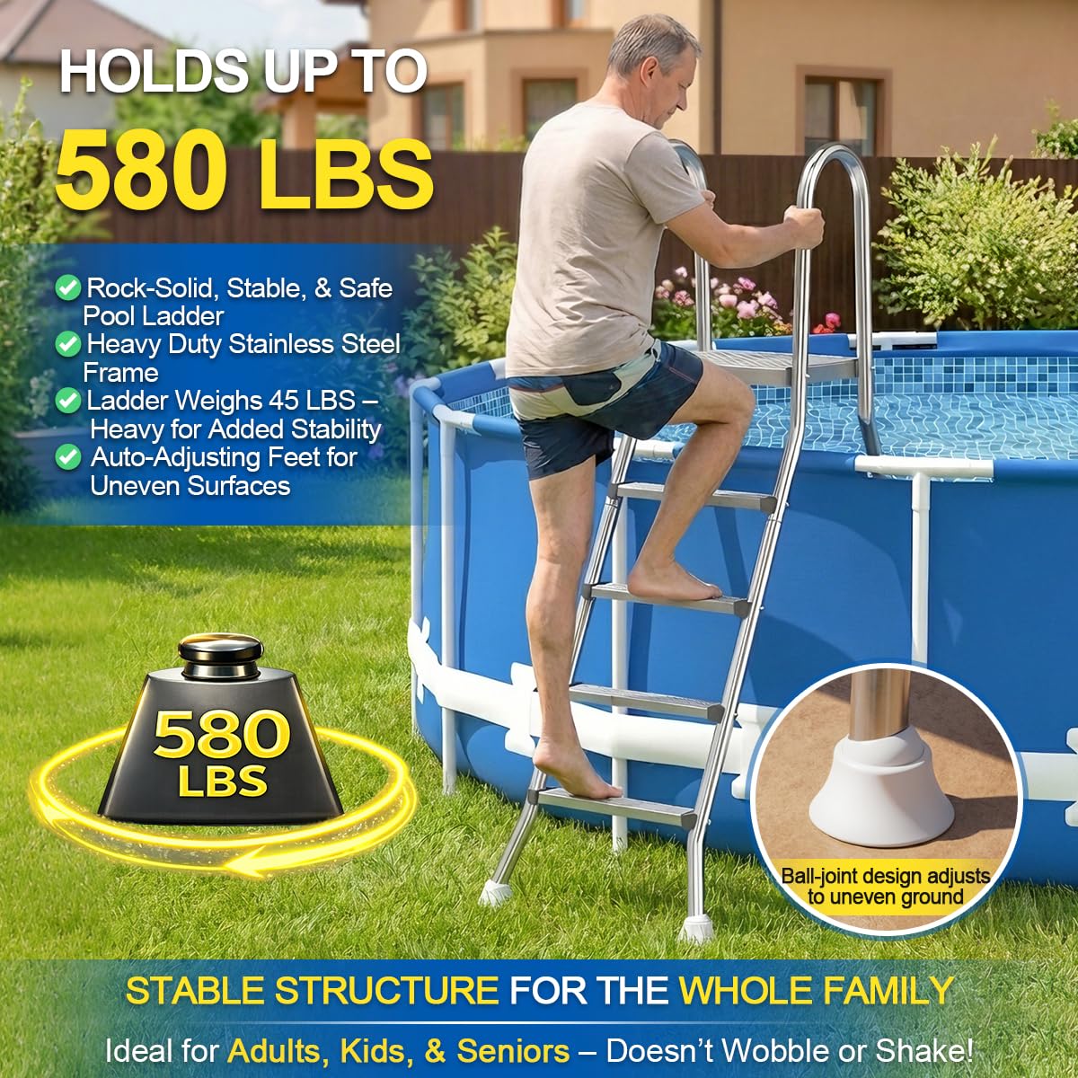 Abimars Above Ground Pool Ladder, 304 Stainless Steel Heavy Duty Pool Ladder with Non-Slip Wide Steps, 580 LBS Capacity, Fits 30-48 Inch High Pool Walls, Easy Entry for Outdoor Pools