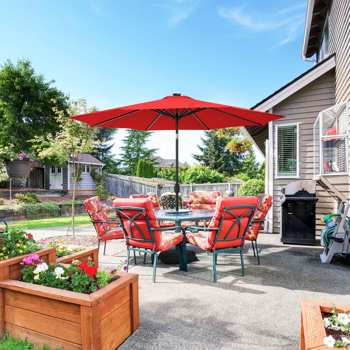 Sundale Outdoor Olefin 5-Year-Non-Fading Solar 104 LED 11FT Solar Patio Umbrella with Sand Bag Base, Outdoor Umbrella with Tilt and Crank, Red