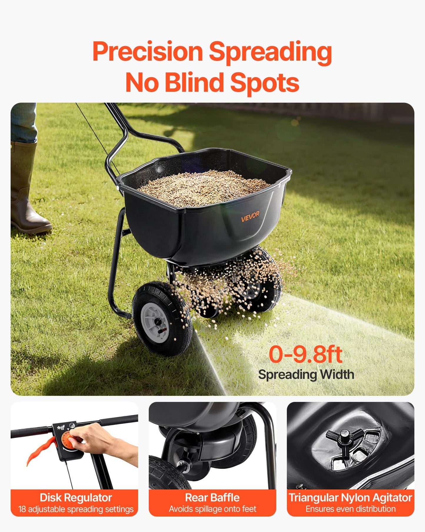 VEVOR Walk Behind Spreader, 60LBS Capacity, Push Spreader with 0-9.8 ft Spreading Width, 8 in All Terrain Pneumatic Tires, Garden & Lawn Broadcast Spreaders, for Seed, Fertilizer