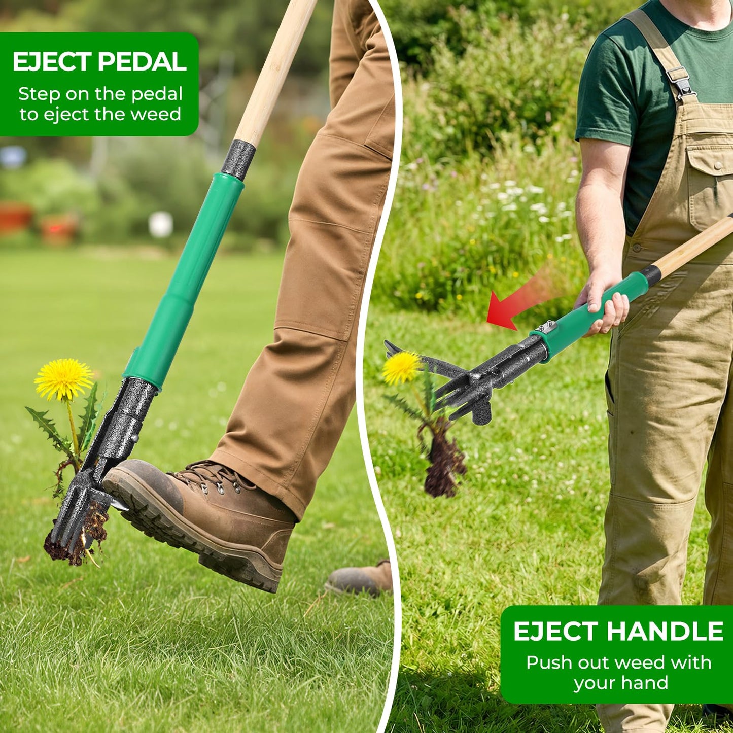 Allsetool Weed Puller Tool with 2 Weed Eject Feature, 43.7in Stand Up Dandelion Remover Tool, Real Bamboo Handle and Metal 4 Claw & Foot Pedal, Heavy Duty Garden Weeder