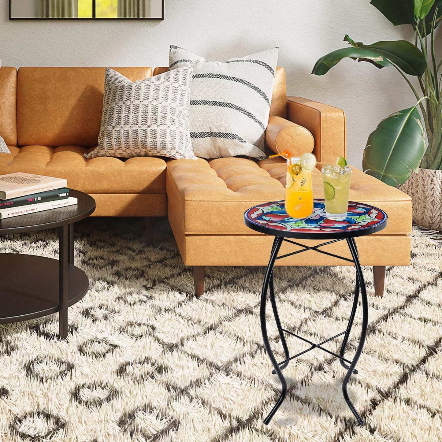MUMTOP Side Patio Tables-Mosaic Outdoor Side Table - 14’’ Symmetrical Pattern Glass Accent Round End Table, Plant Stand Indoor Small Coffee Table for Garden or Living Room Decor
