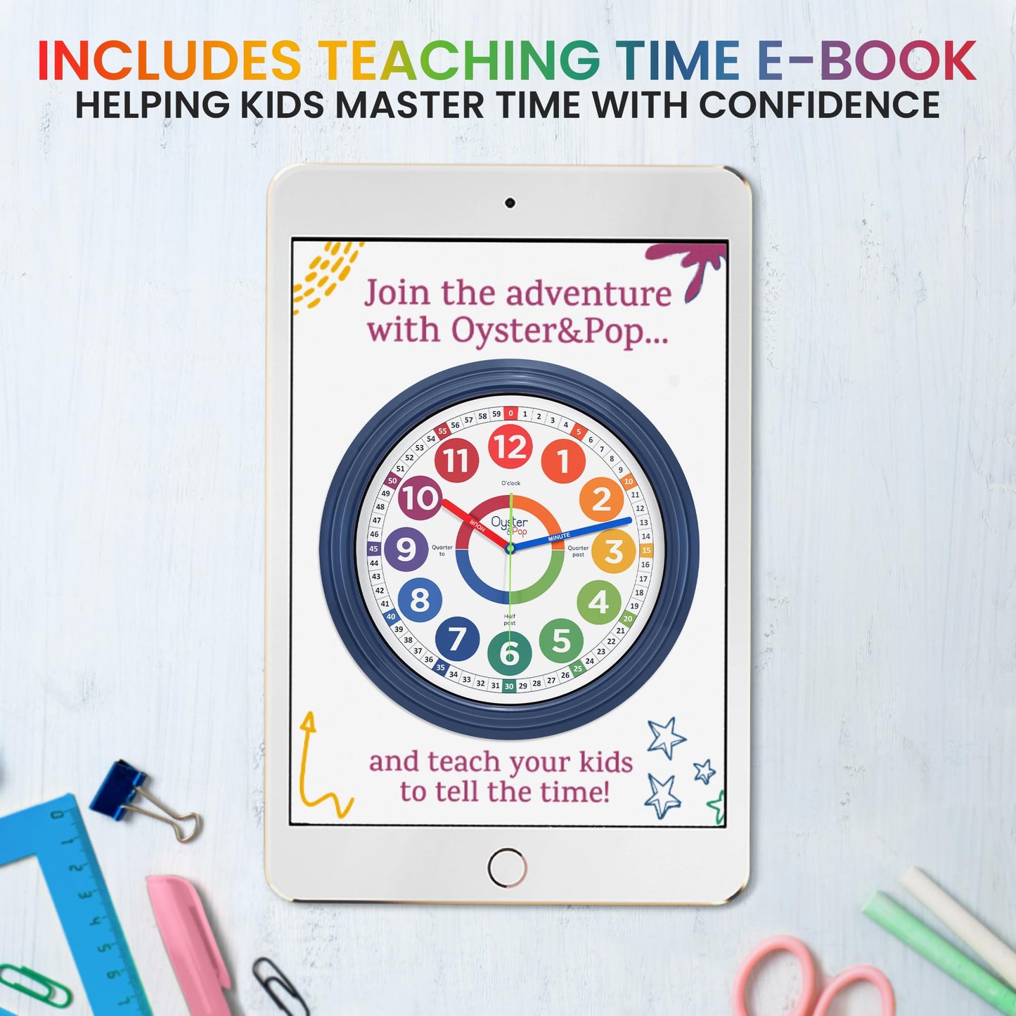 Oyster&Pop Extra Large 16" Kids Clock - Silent Indoor Outdoor Weatherproof Analog Wall Clock - Learning Clock for Kids - Classrooms Homeschool & Patio - Includes How to Tell Time eBook