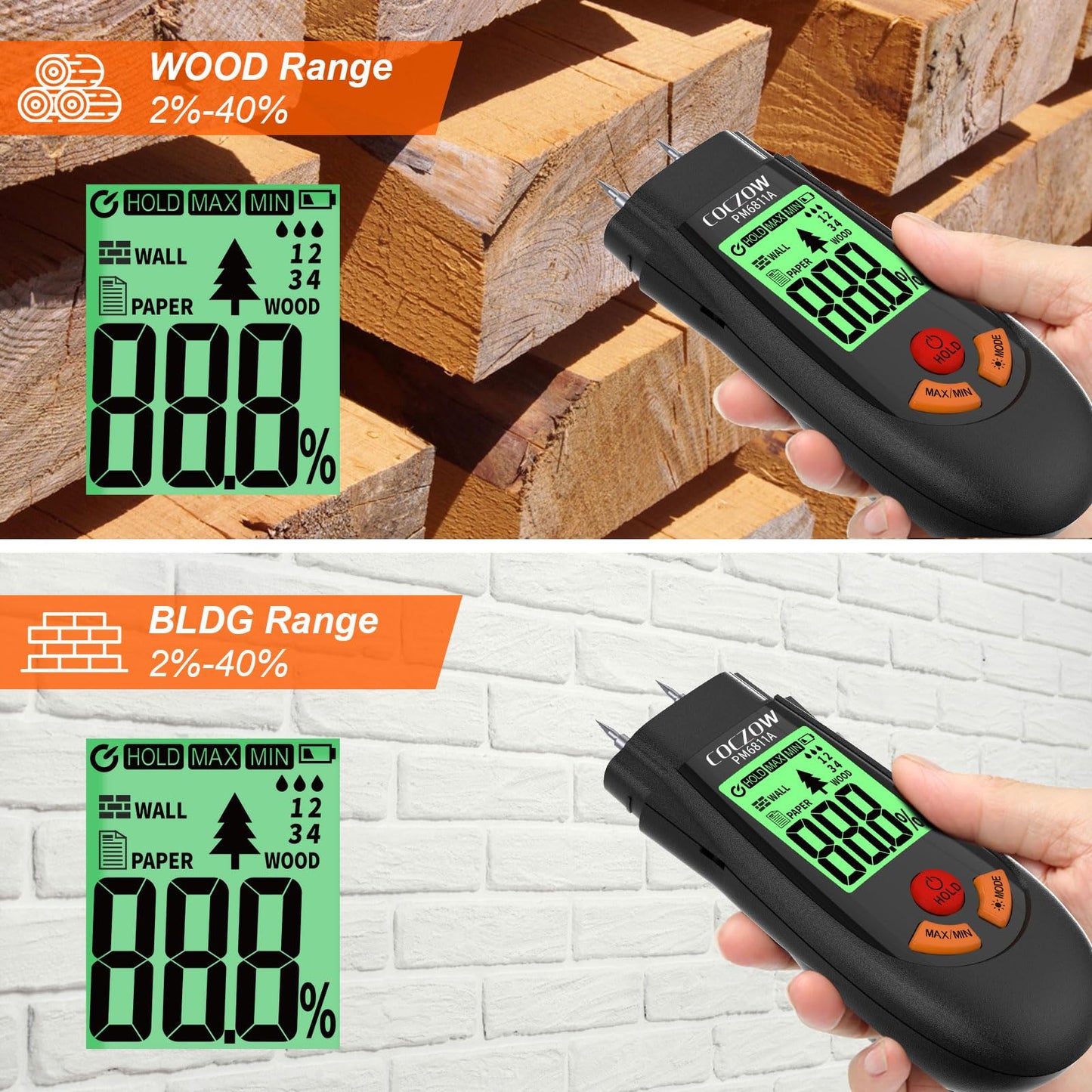 Wood Moisture Meter, with battery and LCD display, suitable for quick determination of moisture content of many types of logs, paper, plywood, plaster walls, floor coverings, etc.
