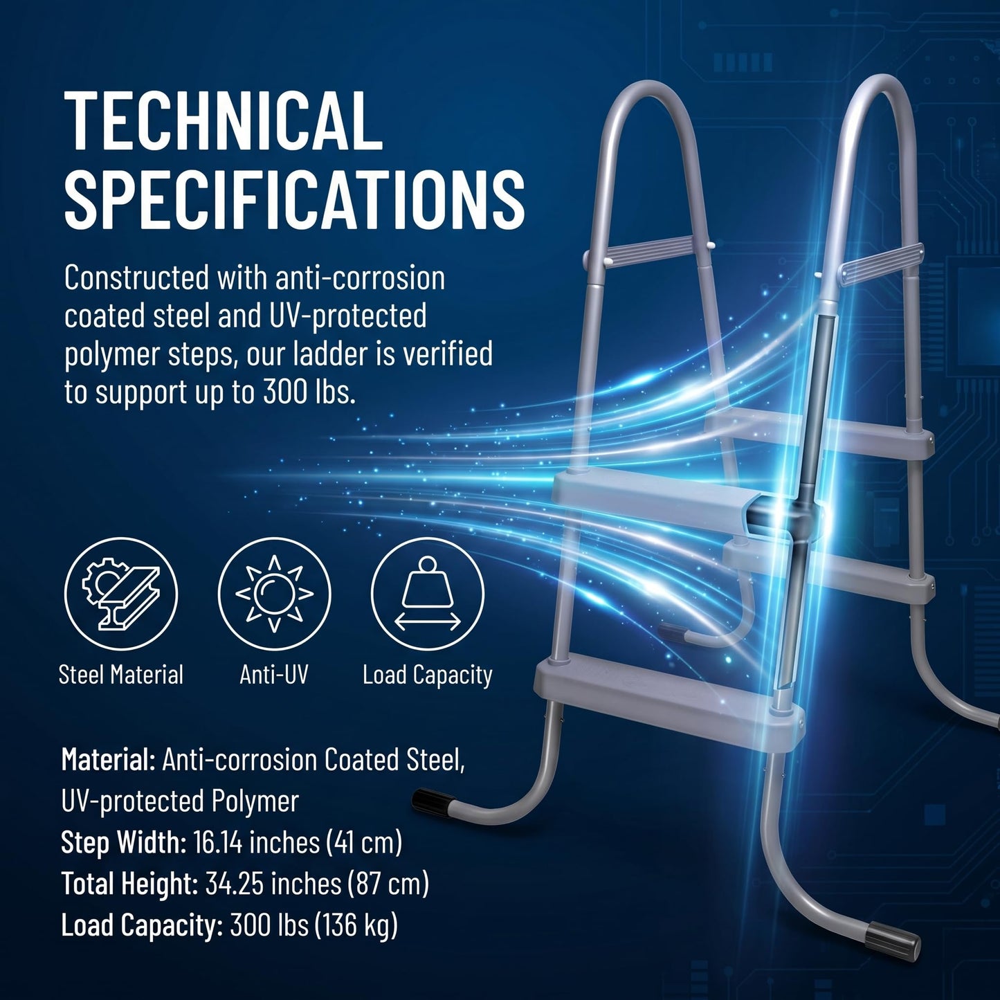 3-Step Steel Bolt-On Pool Ladder Universal Fit Above Ground Swimming Pools - Heavy Duty Non-Slip Entry Steps for Entry and Exit System Swim Pools with Non-Slip Plastic Steps