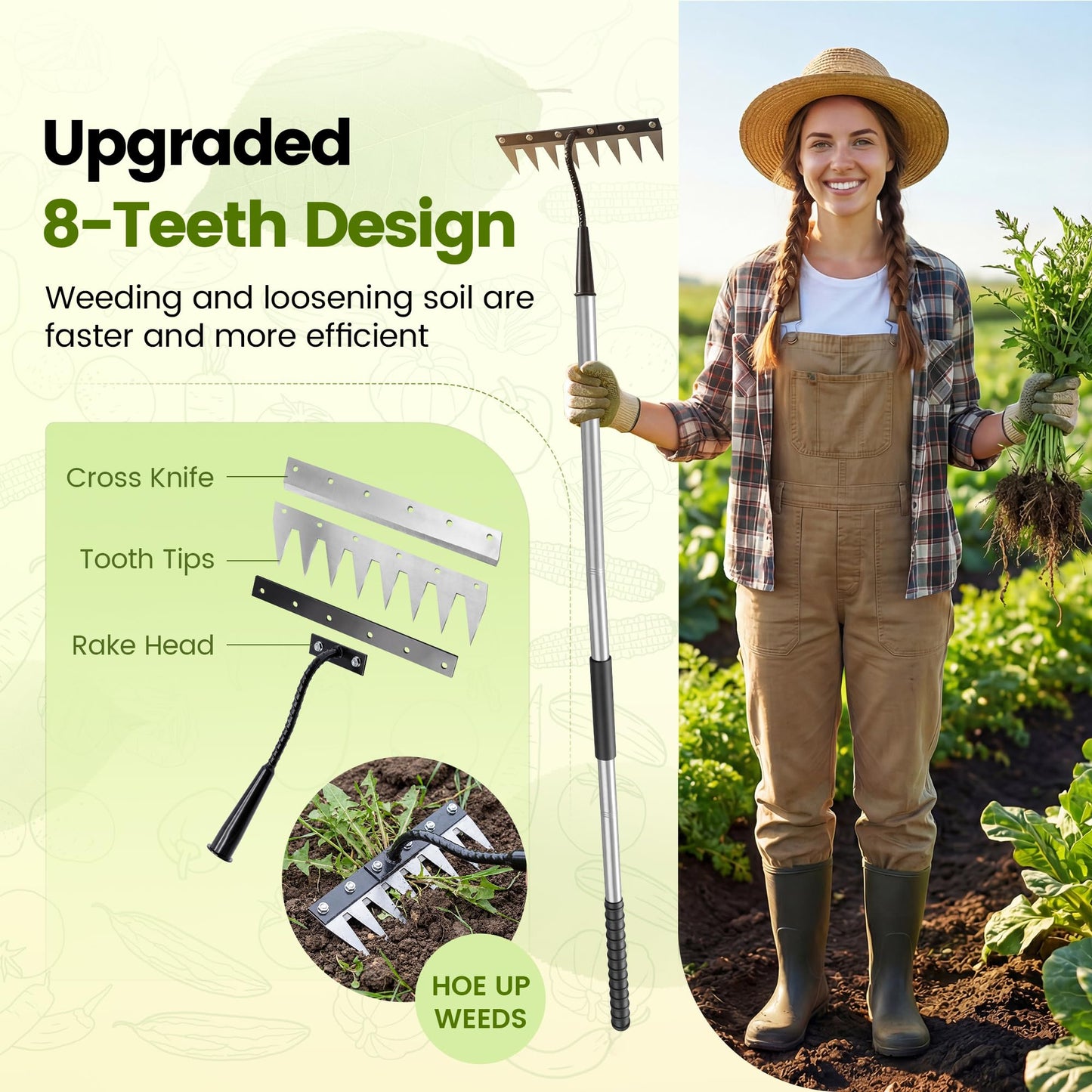 YALEENT Iron Weeding Rake with Long Handle - Upgraded 8 Teeth Weed Puller Tool, Heavy Duty Manual Weeder Remover Tool for Weeding, Cultivating & Soil Aeration