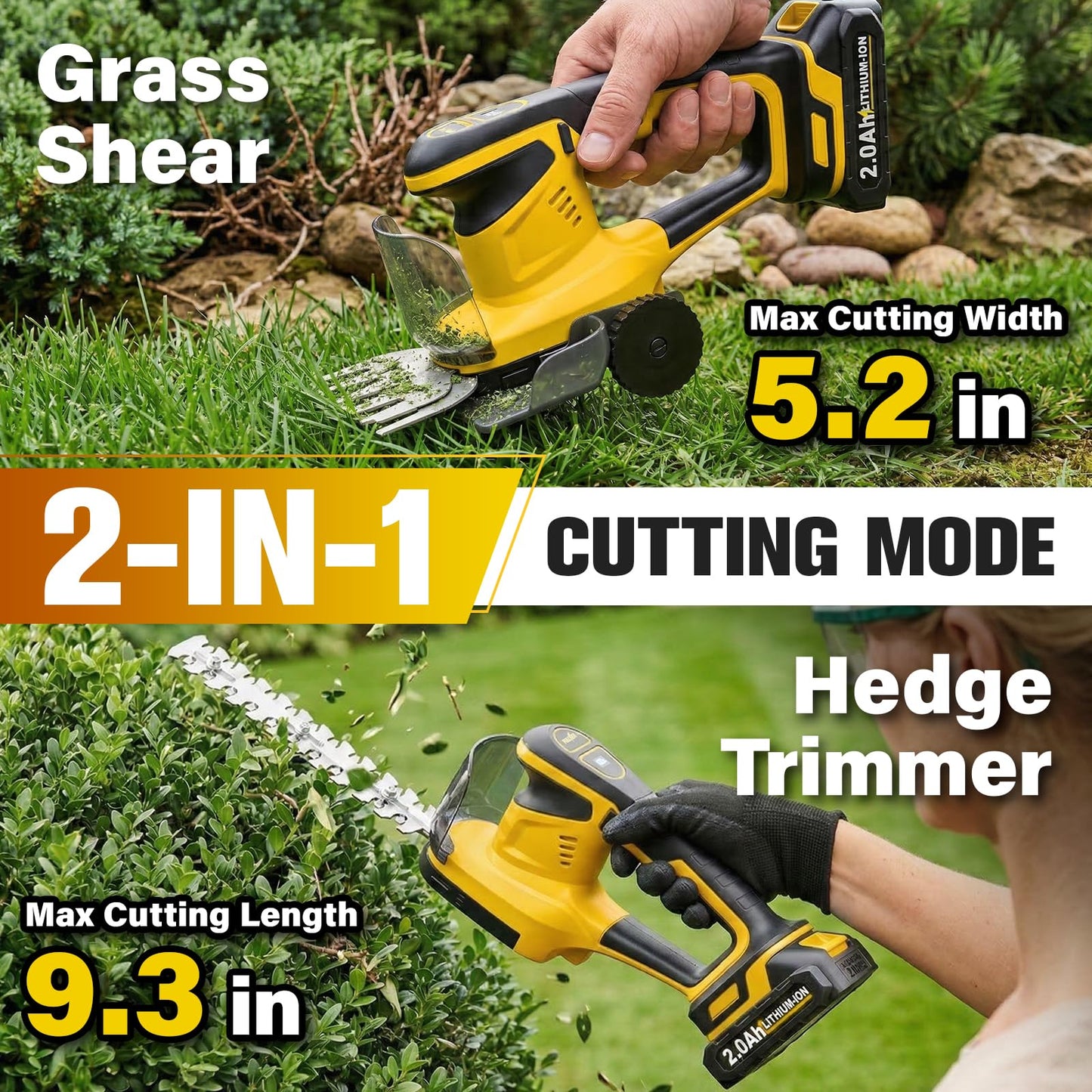 FULLYEA Cordless Hedge Trimmer, 2-in-1 Electric Shrub Trimmer & Grass Shear, Lightweight Bush Trimmer with 2 Blades & 2*2.0Ah Batteries, Handheld Grass Trimmer, Battery Powered Hedge Cutter (Yellow)