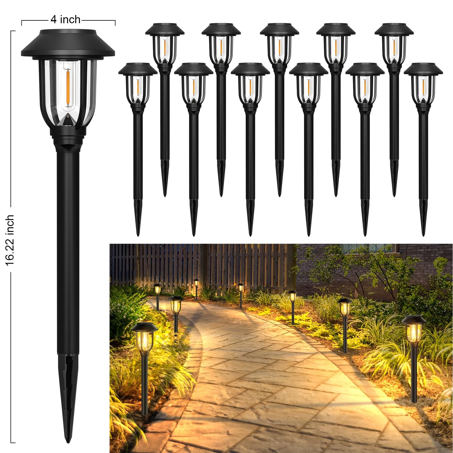 ILANCK Solar Pathway Lights Outdoor,12 Pack Solar Lights Outdoor Waterproof, Warm White Auto On/Off LED Solar Powered, Garden Landscape Lighting for Yard Walkway Driveway Path Decorative