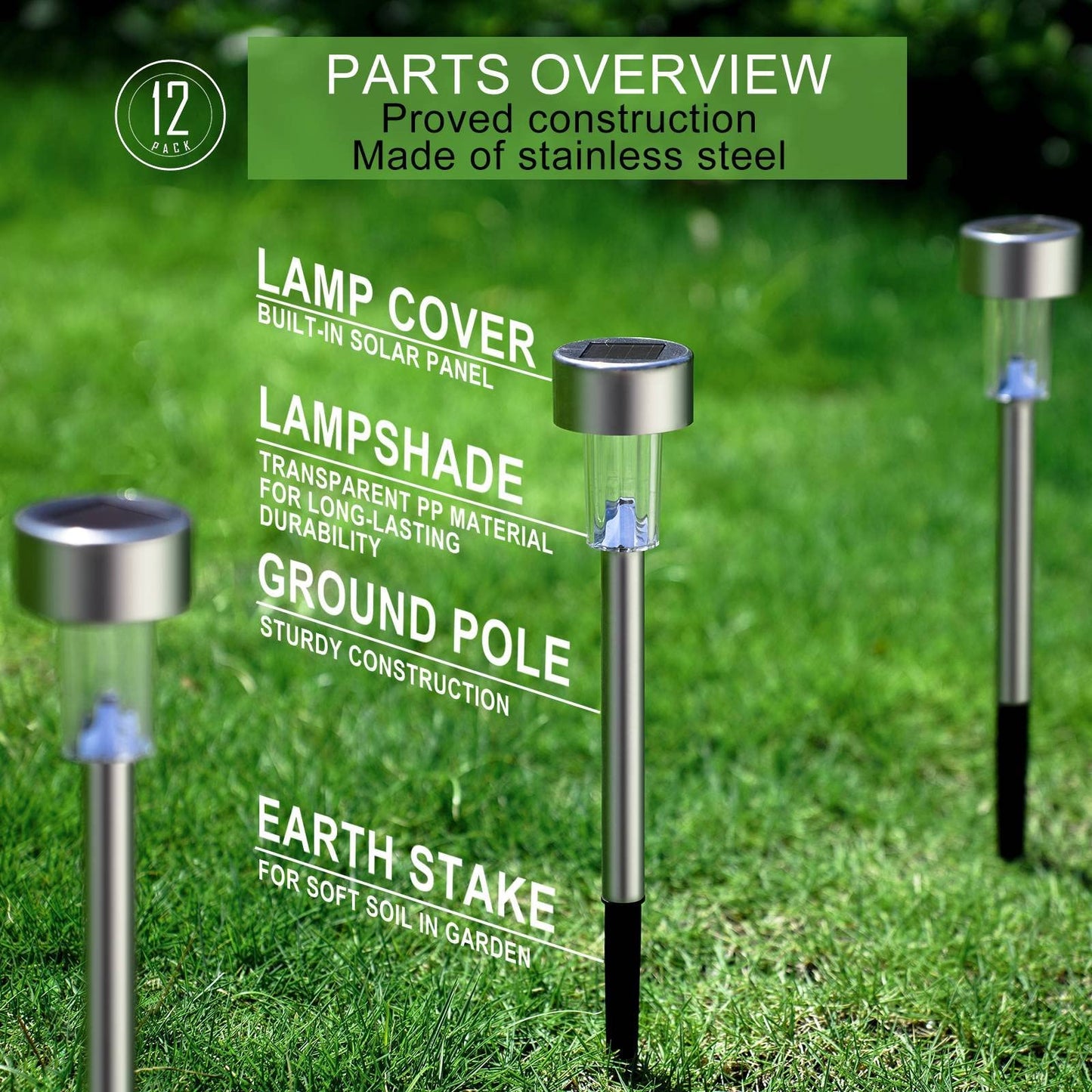 Dream Master Solar Lights Outdoor Waterproof, Stainless Steel LED Landscape Lighting, Solar Garden Lights, Outdoor Christmas Decorations for Yard, Pathway, Walkway, Patio, Lawn - 12Pack(Warm White)