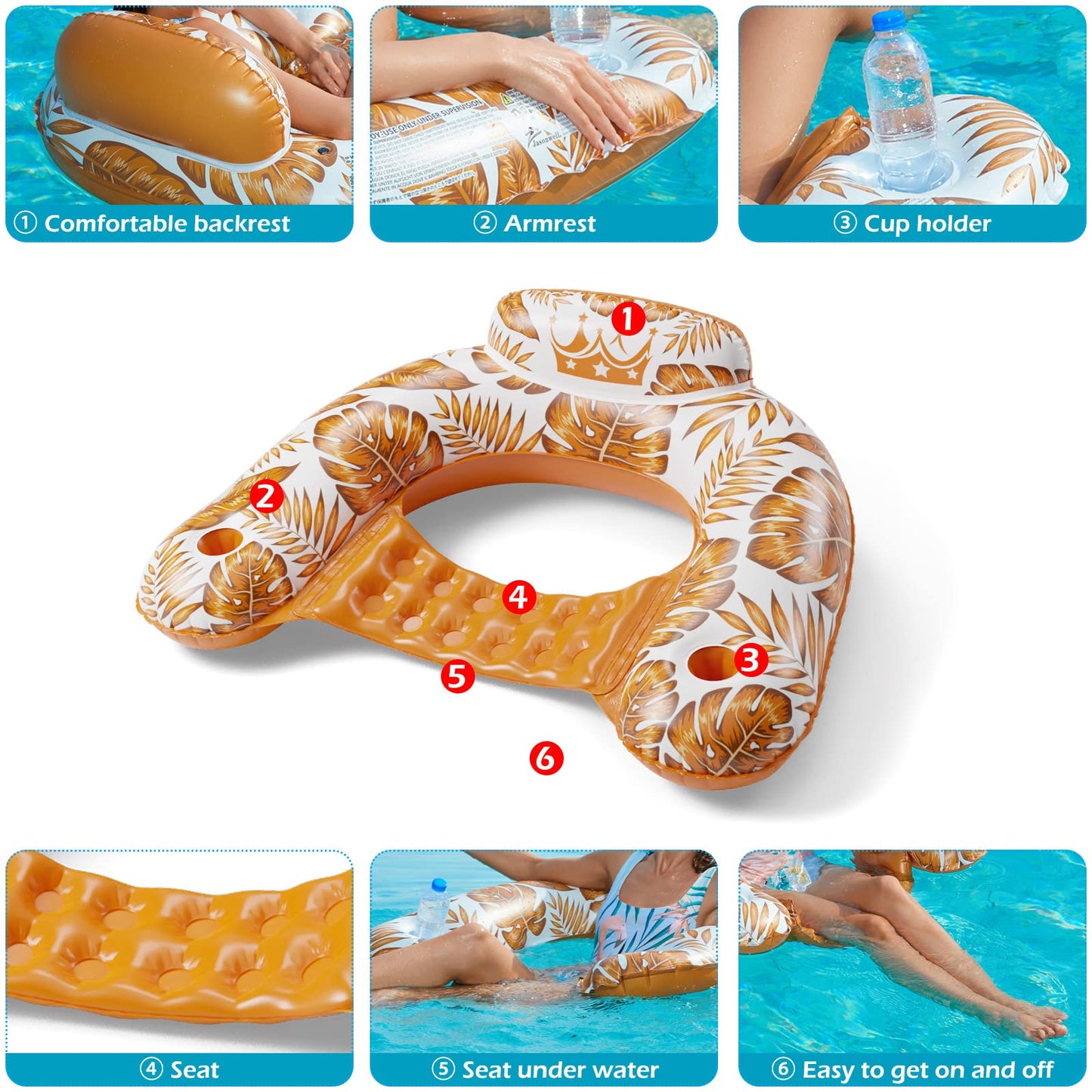 Jasonwell Inflatable Pool Float Chair - 2 Pack Pool Floaties Chair Floats Loungers for Swimming Pools Floating Lounger with Cup Holders Toy Party Floaties for Adults L