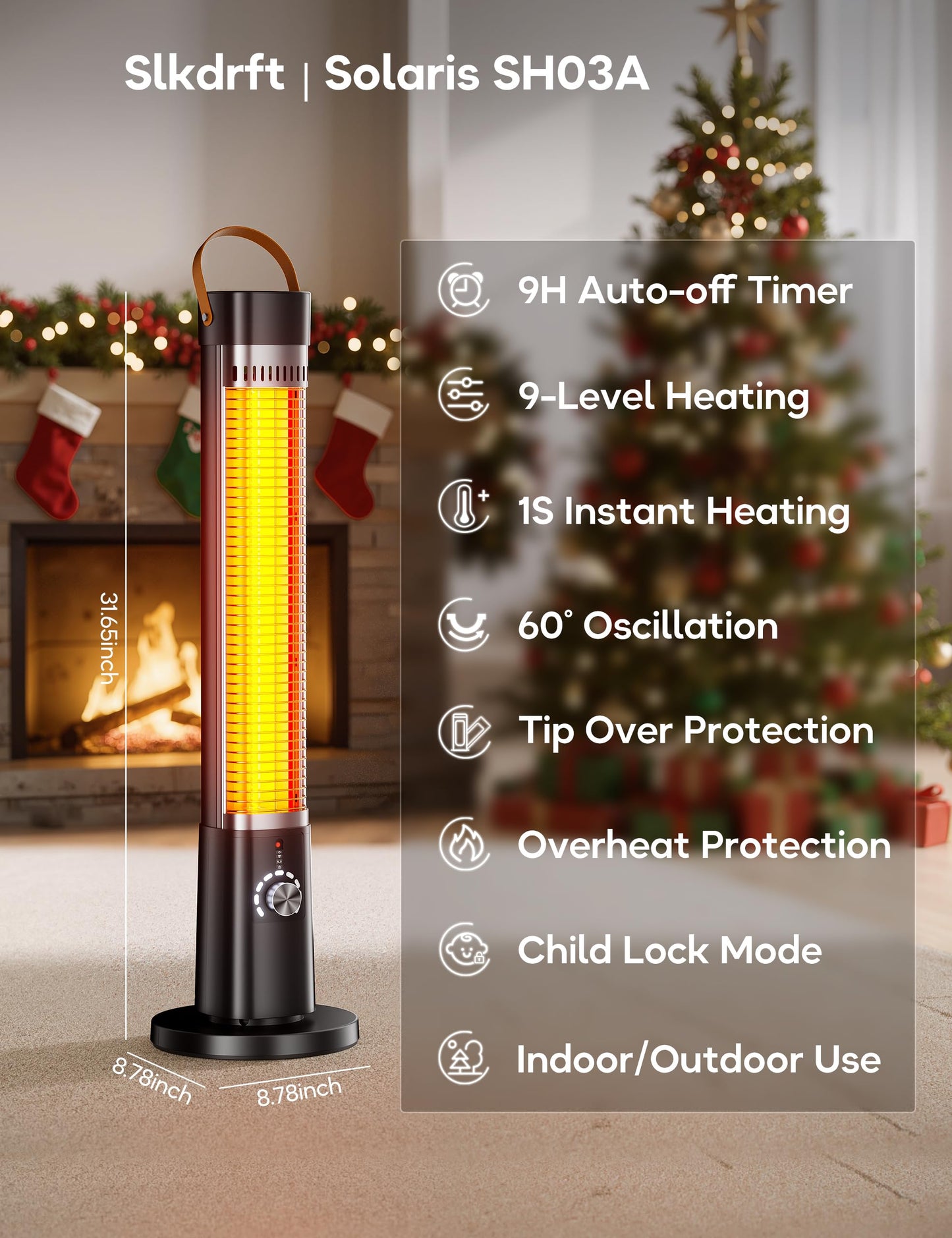 Slkdrft Outdoor Heater for Patio w/Remote, 1500W, 60° Oscillation, 9H Timer, 9 Heat Level, Tip-Over/Overheating Protection, Safety Lock, for Garage Porch Office Black