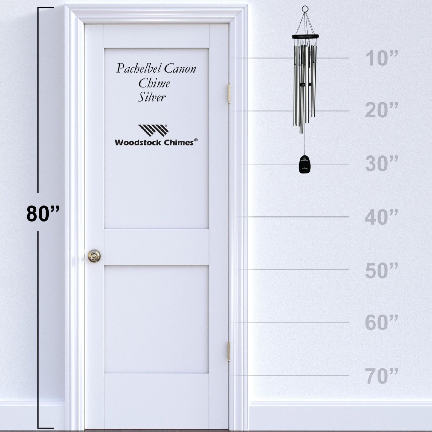 Woodstock Wind Chimes Pachelbel's Canon in D, Silver Aluminum Tubes, Medium 32 - Inch, Deep Toned Windchime for Outdoor Decor for Garden, Patio, Porch