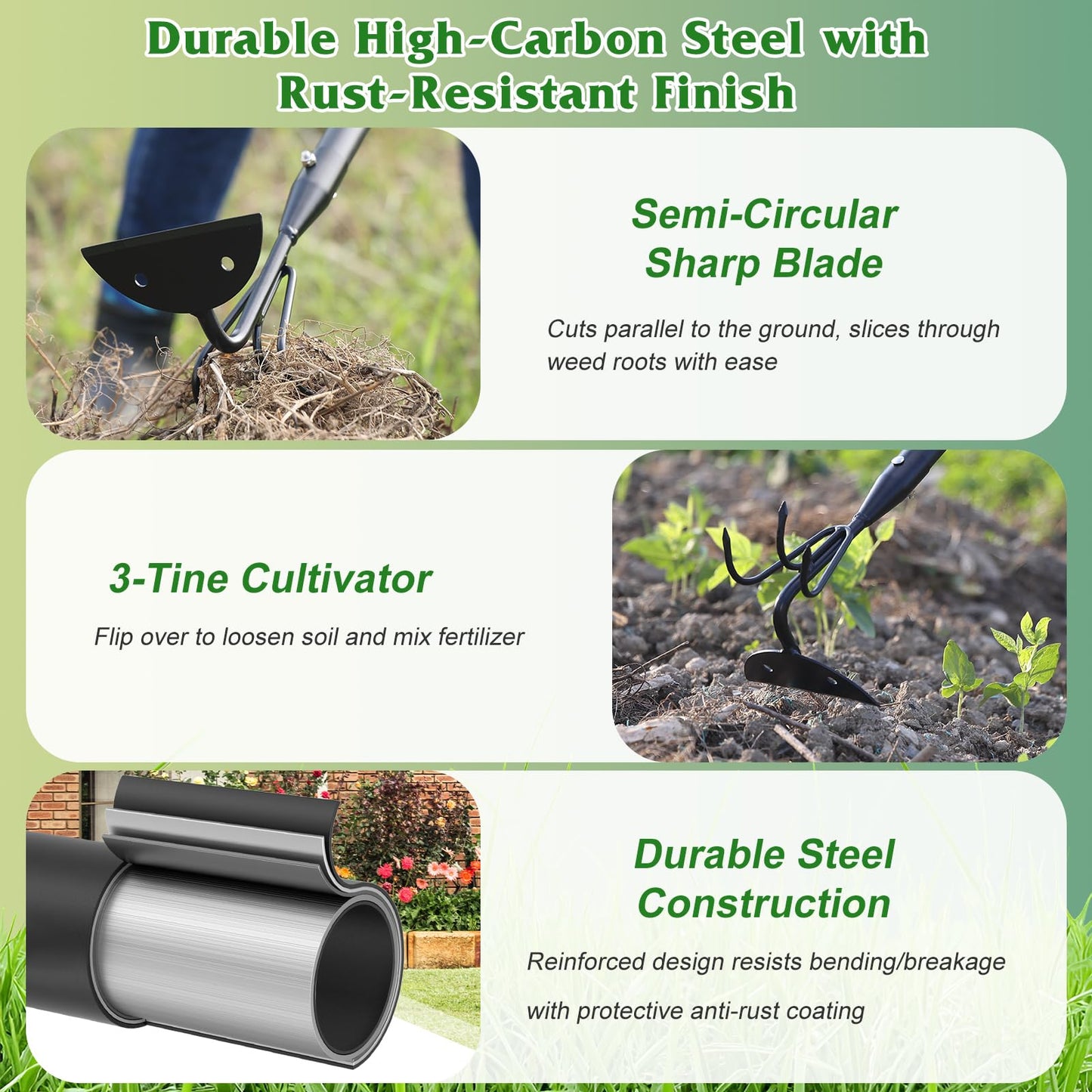 COCONUT 2-in-1 Garden Hoe, 45" Weeding & Cultivating Tool with Curved Tines & Sharp Blade, Stand-Up Design Saves Your Back, for Loosening Soil in Vegetable Garden & Flower Beds