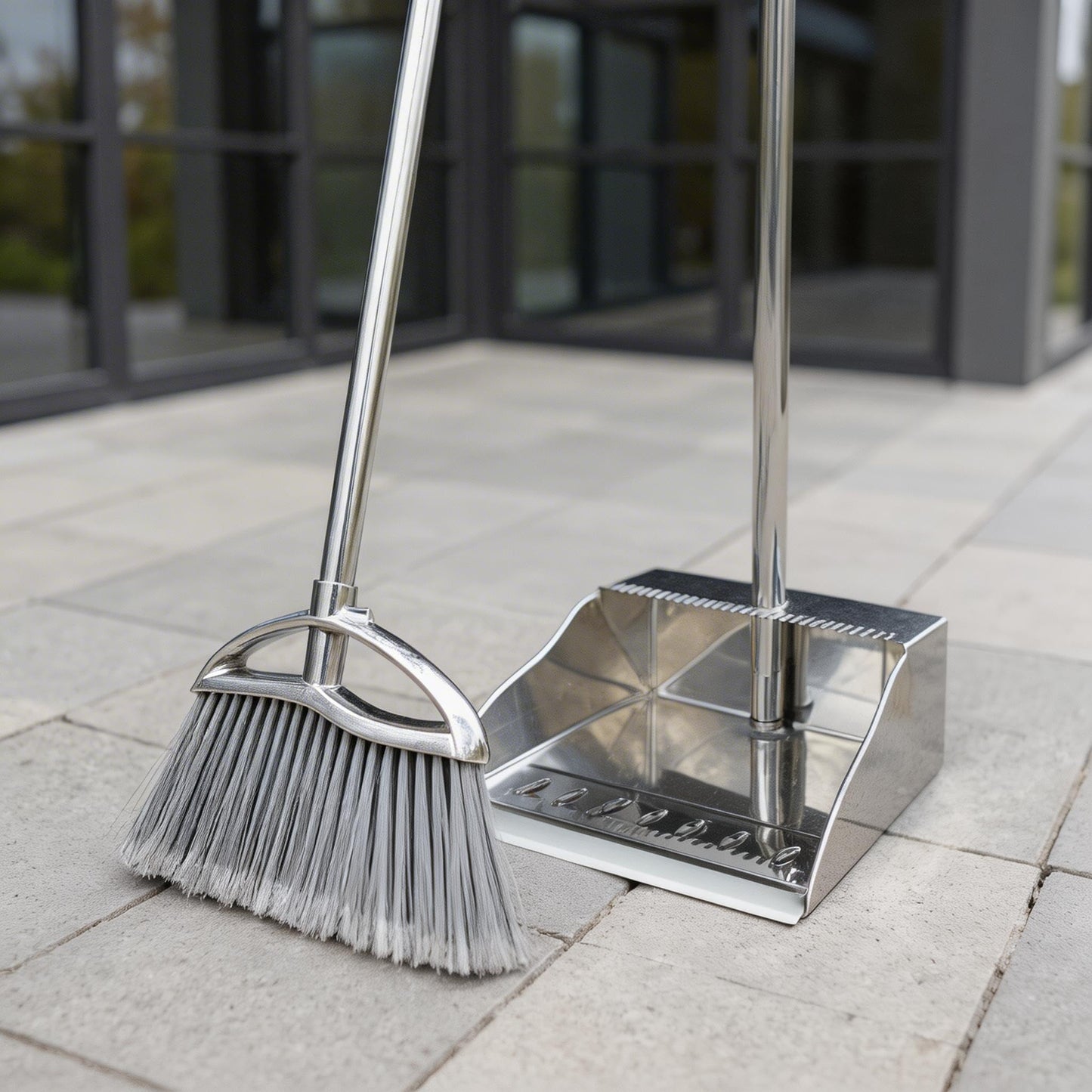 Metal Dustpan and Heavy Duty Broom Set, Stand Up Dustpan with Outdoor Stiff Bristles Broom for Hardwood Patio Room Office Floor Sweeping