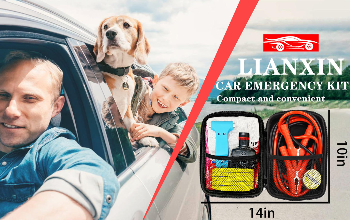 LIANXIN Car Emergency Roadside Tool Kit, Auto Emergency Kits Vehicles, with Jumper Cables kit,Car Safety Roadside Assistance Kit,Headlamp,Tow Straps,Safety Hammers,Rainwear,Gloves.Sky Blue
