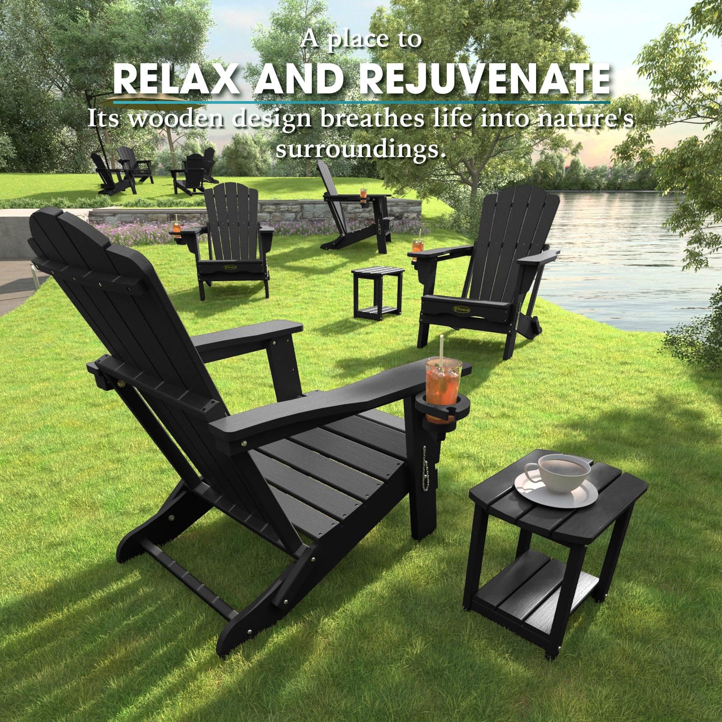 THOEOE Folding Adirondack Chair,HDPE All-Weather Outdoor Chair with Cup Holder,Wooden Textured,Fire Pit Chair,Plastic Patio Chair for Deck,Backyard,Garden,Lawn, Black