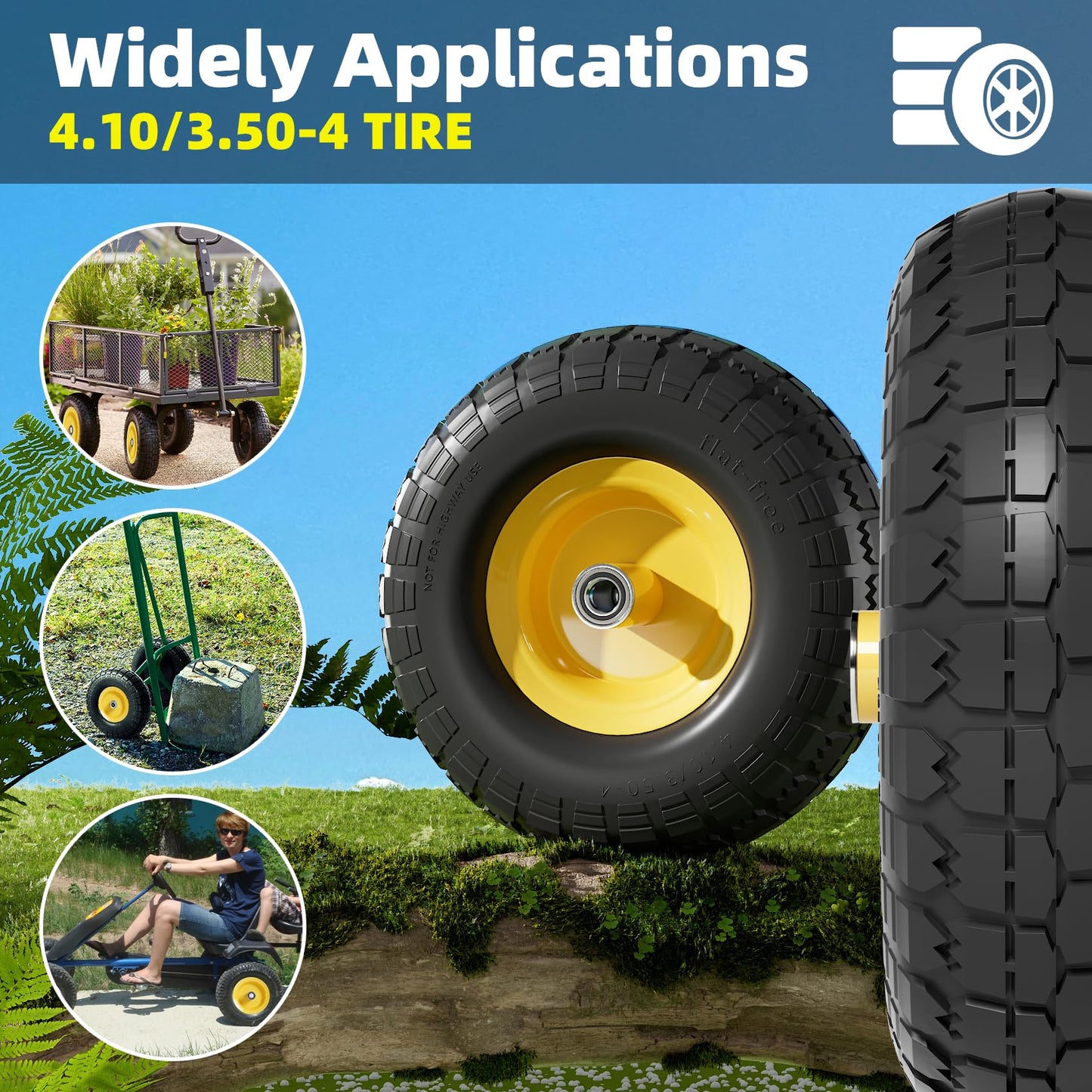 【UPGRADED】4.10/3.50-4 Tire and Wheel Flat Free, 10" Air Less Tires Wheels with 5/8" Center Bearings, 4.10/3.50/4 tires for Hand Truck/Trolley/Garden Utility Wagon Cart/Wheelbarrow/Generator, 4 Pack