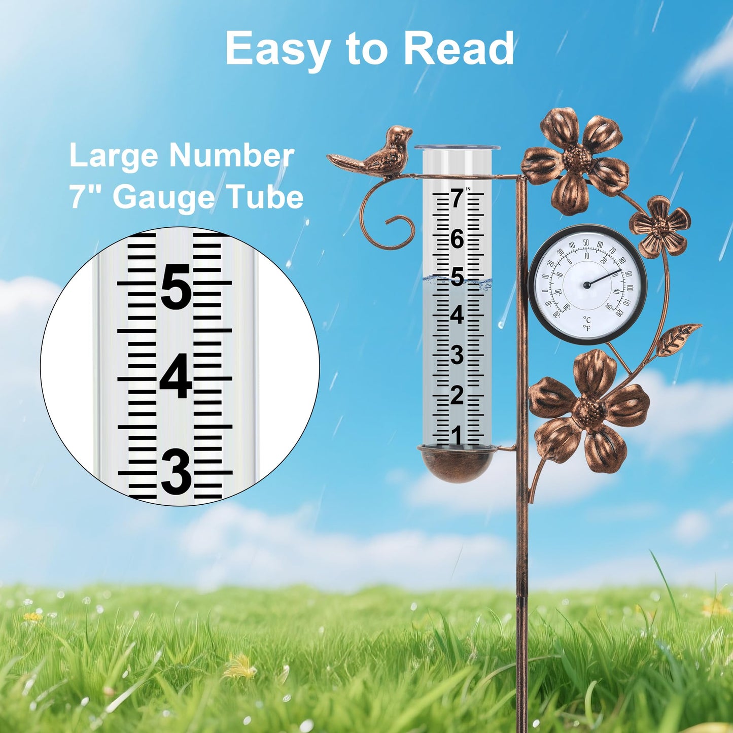 shumi Rain Gauge Outdoor with Thermometer Garden Decor, Bird and Flower Decorative Outdoor Rain Gauges for Yard Patio Lawn, Gardening Gifts for Women