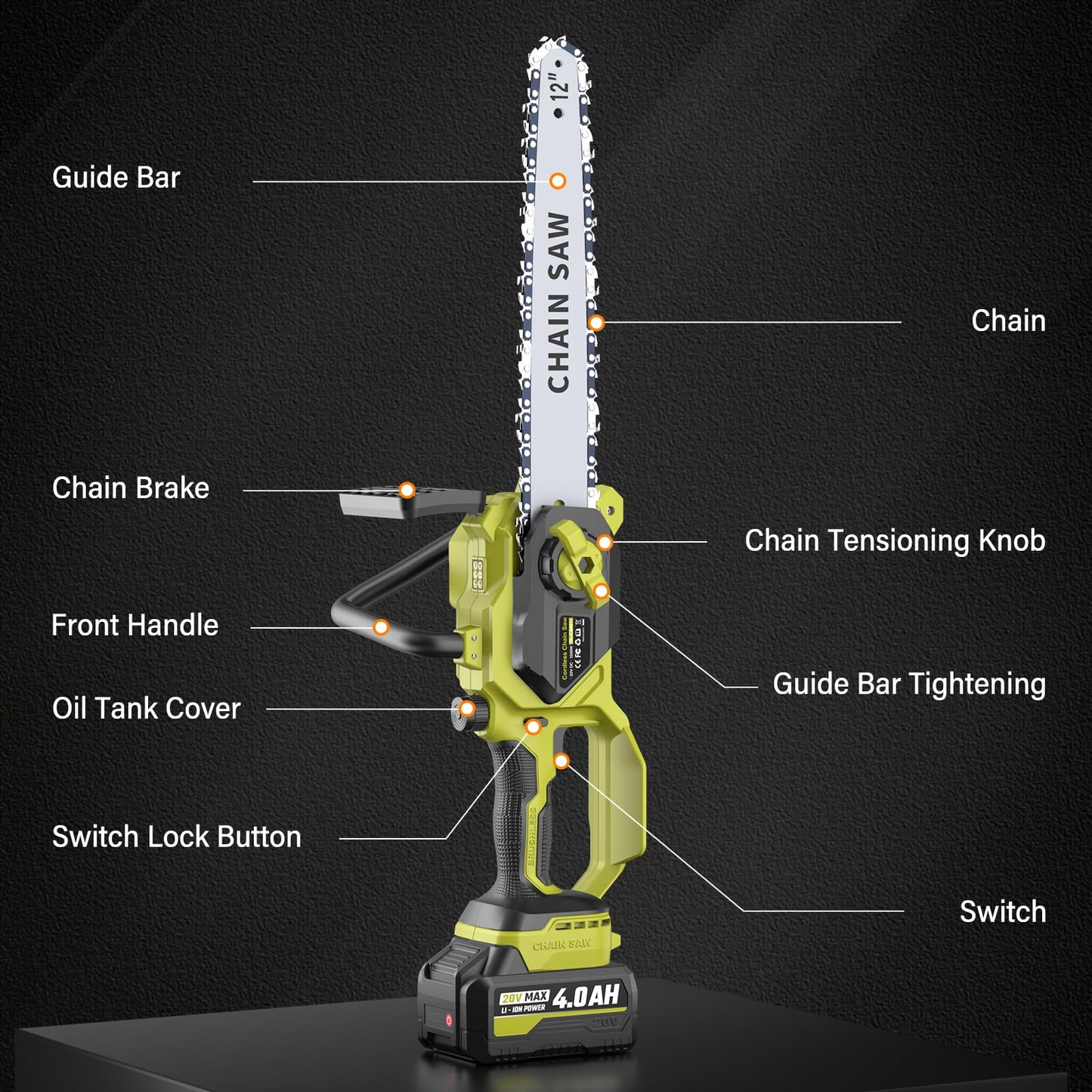 12 In Electric Chainsaw Cordless, 20V Battery Chain Saw with 2x4.0Ah Li-ion Batteries, 2 x Chains, with Tool-free Chain Tension, Auto Oiling for Wood Cutting, Tree Trimming and Branch Pruning