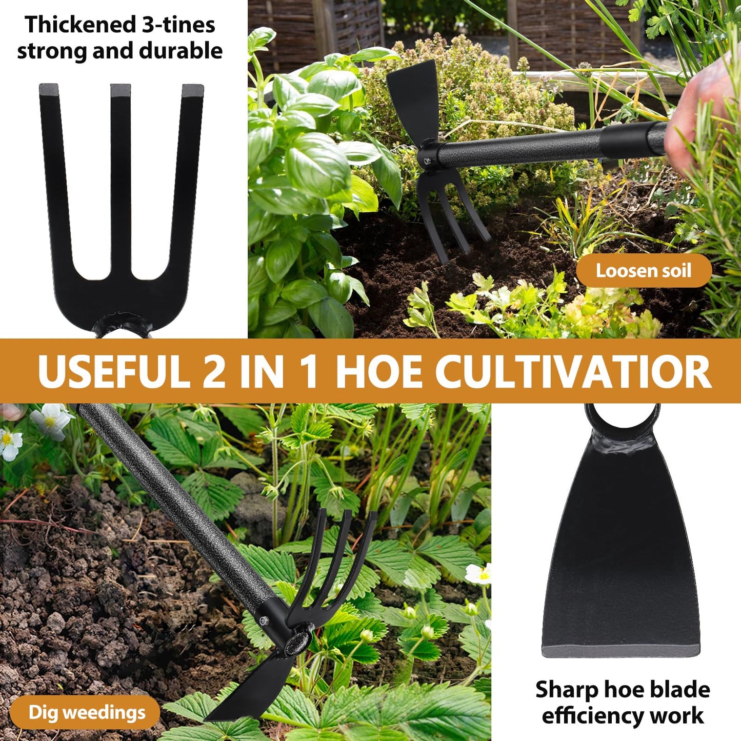 Garden Hoe Tool, 2-in-1 Heavy Duty Dual-Head Weeding Tool, 45" Adjustable Long Handle Cultivator for Weeding, Tilling, Lawn Yard Flower Bed Gardening Tool