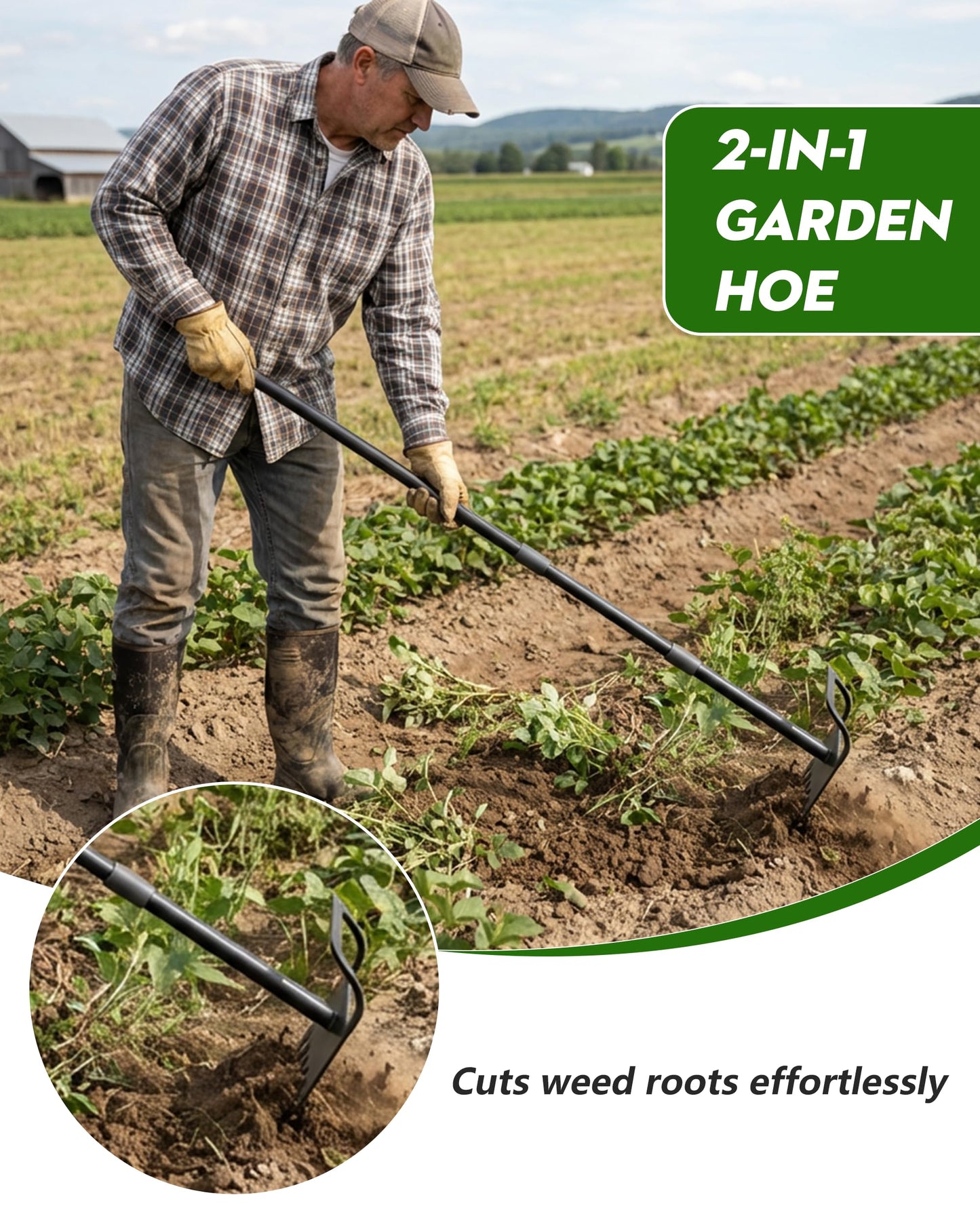 Garden Hoe, 2-in-1 Garden Hoe, 60" Adjustable Handle, Sharp Blade, Efficient Weeding & Tilling Tool for Gardening