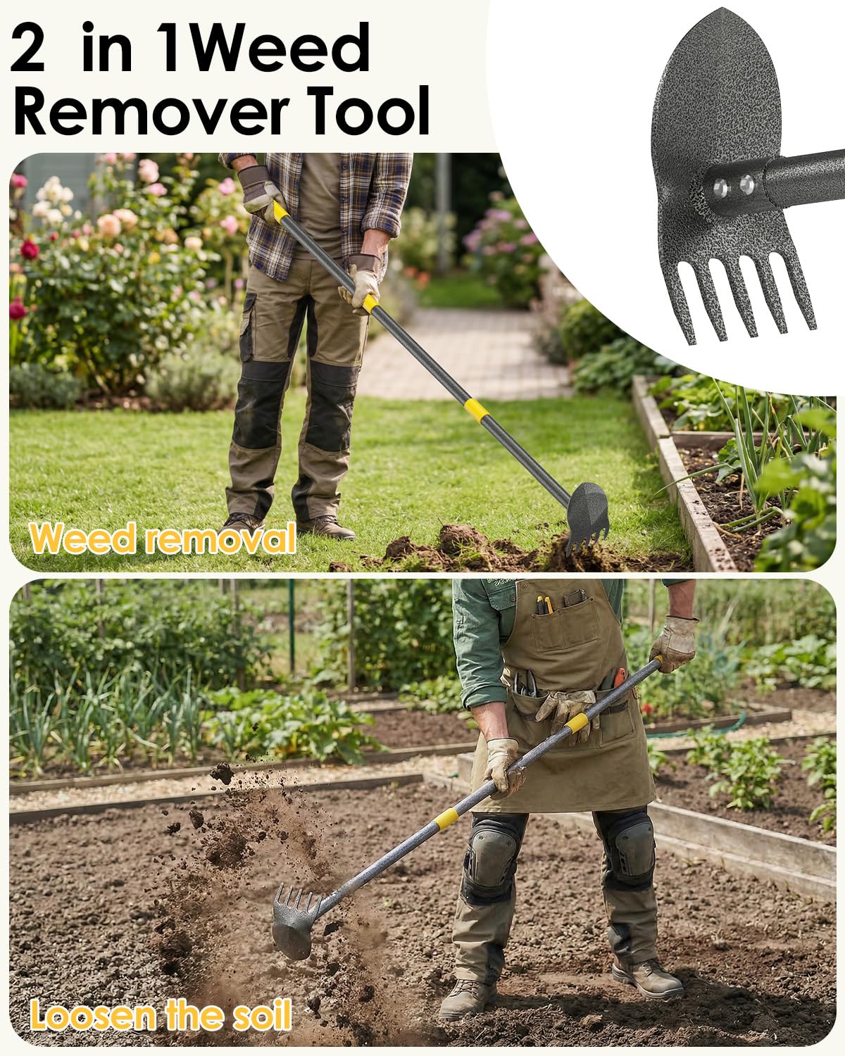 Hoe Garden Tool Heavy Duty Long Handle Manual Weeder Puller Tool for Weeding Loosening Soil 2 in 1 Garden Hoe Adjustable 31-46 Inch Steel Shaft for Gardening Yard Lawn Patio